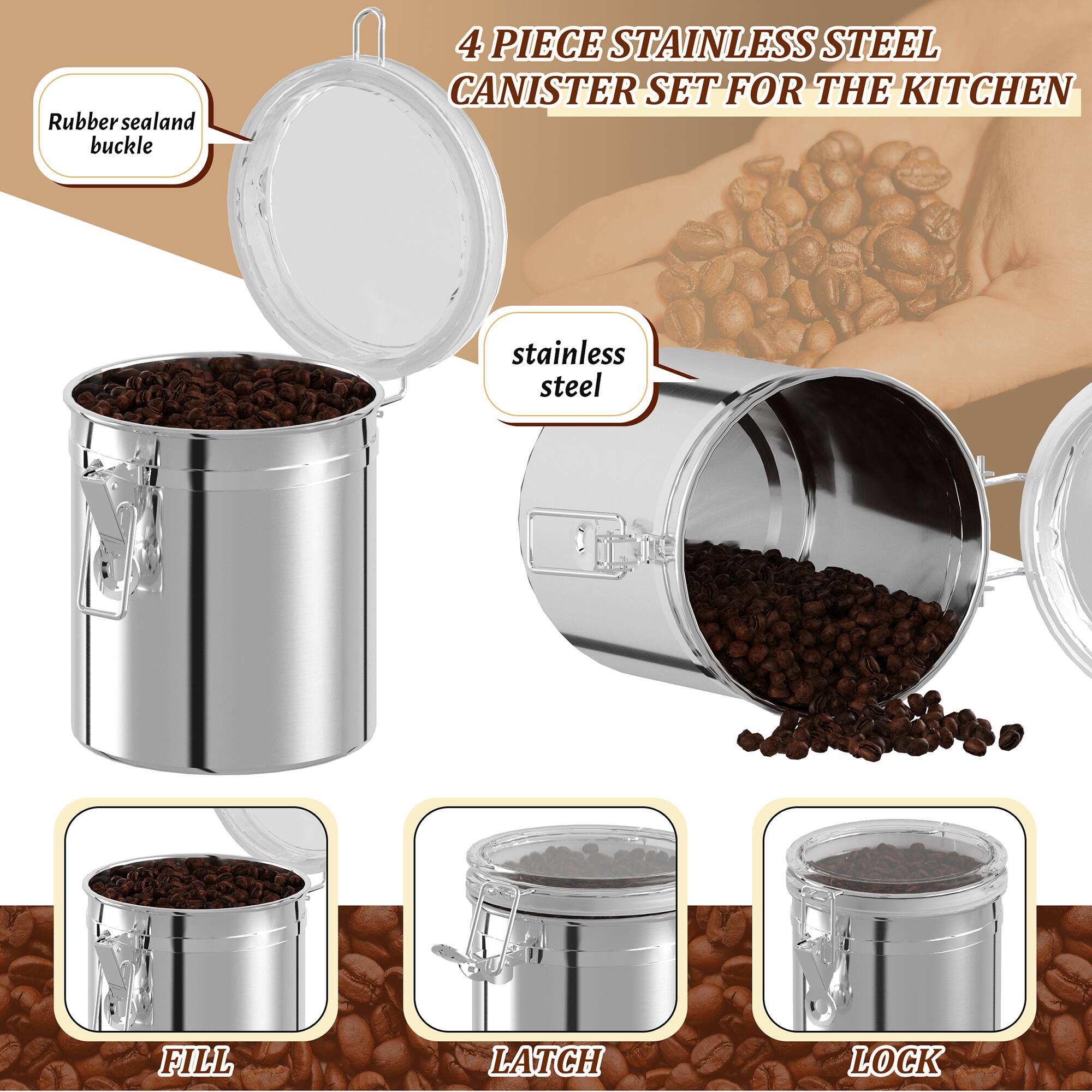 4 PIECE STAINLESS STEEL CANISTER SET FOR THE KITCHEN

- Rubber seal and buckle
- Stainless steel
- FILL
- LATCH
- LOCK