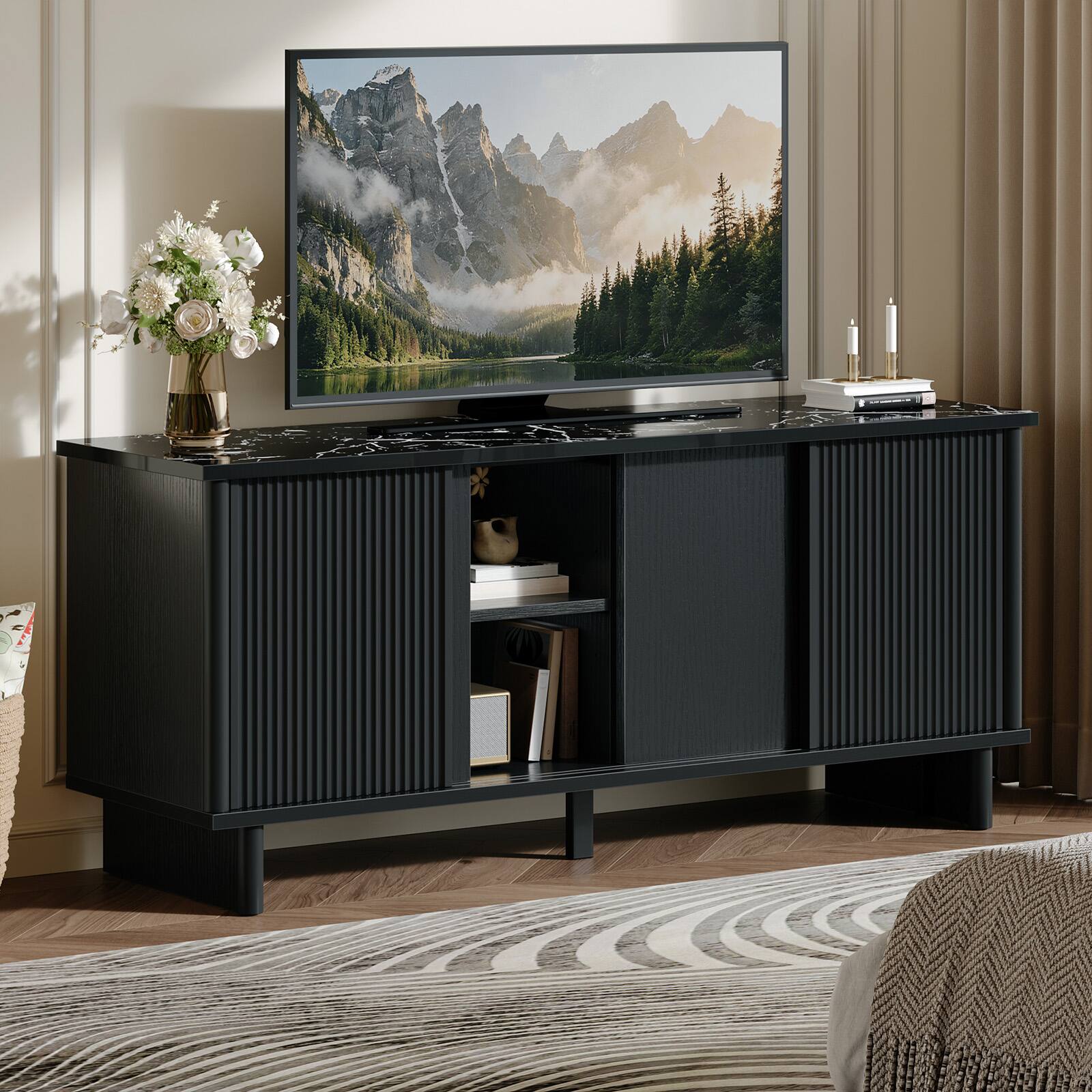 Alt View 3. Bestier - Modern Mid-Century 58" TV Stand for TVs up to 65", 4-Door Fluted Media Console with Sliding Doors - Black.
