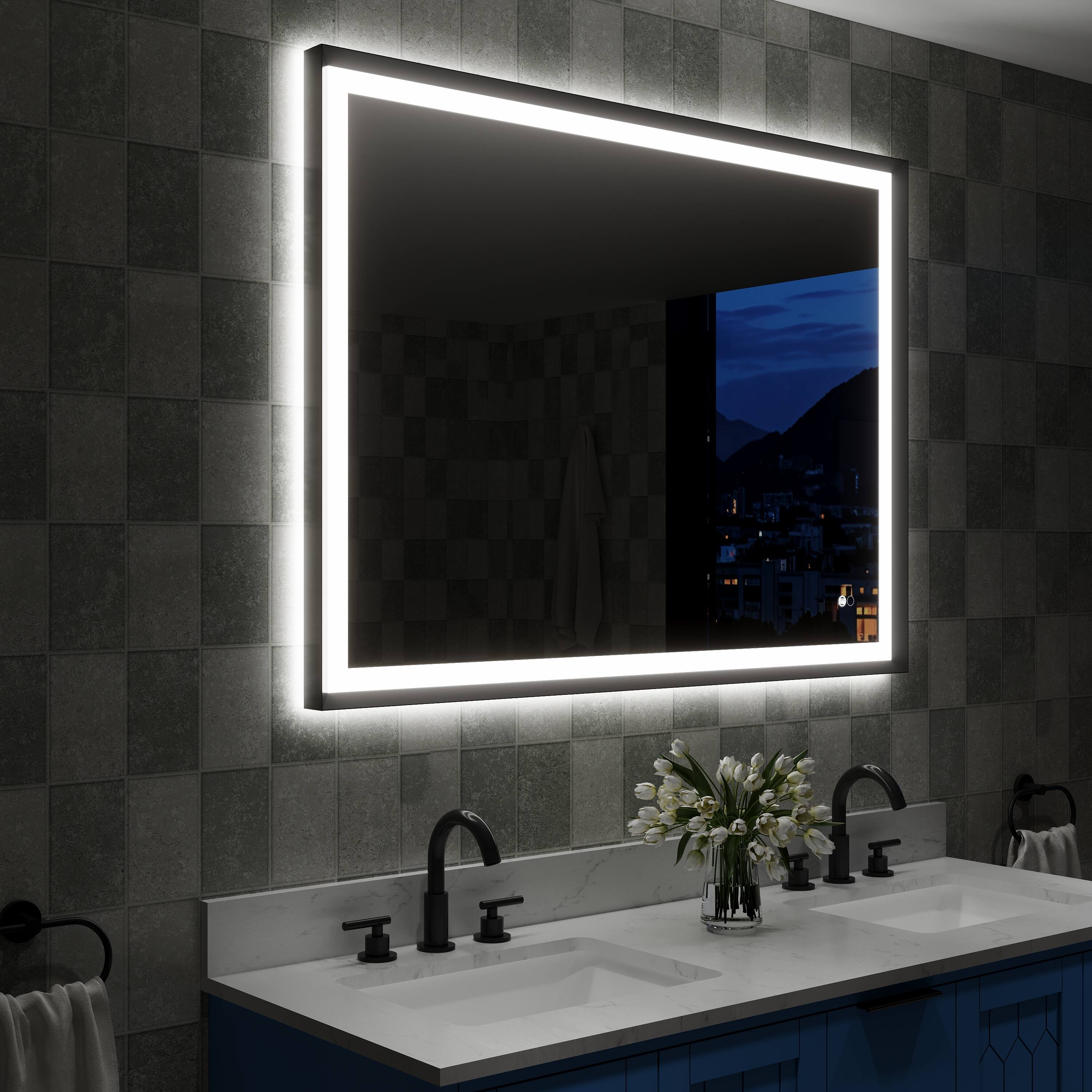 Alt View 1. WELLFOR - 48 in W x 36 in. H Rectangular Single Aluminum Framed Anti-Fog LED Light Wall Bathroom Vanity Mirror - Matte Black.