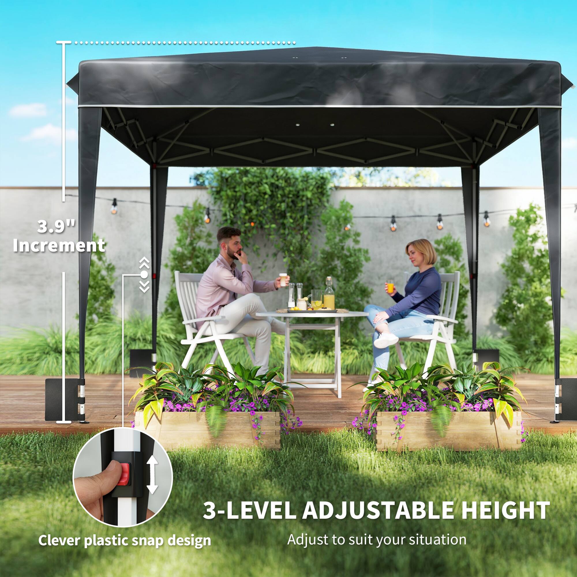 3.9" Increment  
3-LEVEL ADJUSTABLE HEIGHT  
Clever plastic snap design  
Adjust to suit your situation