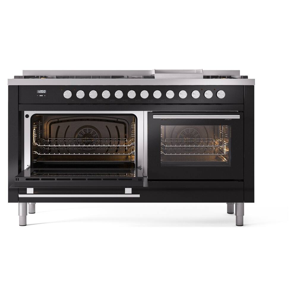 Alt View 2. ILVE - ILVE Professional Plus II Series 60 in. Dual Fuel Range with 7 Sealed Burners + Griddle (Natural Gas, Satin Trim) - Glossy Black.