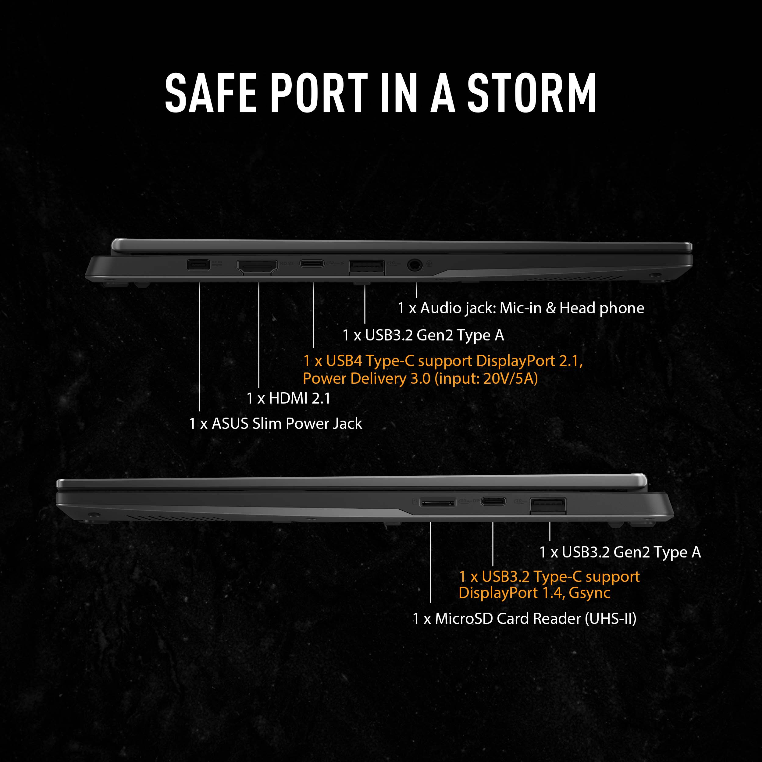 SAFE PORT IN A STORM

1. 1 x Audio jack: Mic-in & Head phone
2. 1 x USB3.2 Gen2 Type A
3. 1 x USB4 Type-C support DisplayPort 2.1, Power Delivery 3.0 (input: 20V/5A)
4. 1 x HDMI 2.1
5. 1 x ASUS Slim Power Jack
6. 1 x USB3.2 Gen2 Type A
7. 1 x USB3.2 Type-C support DisplayPort 1.4, Gsync
8. 1 x MicroSD Card Reader (UHS-II)