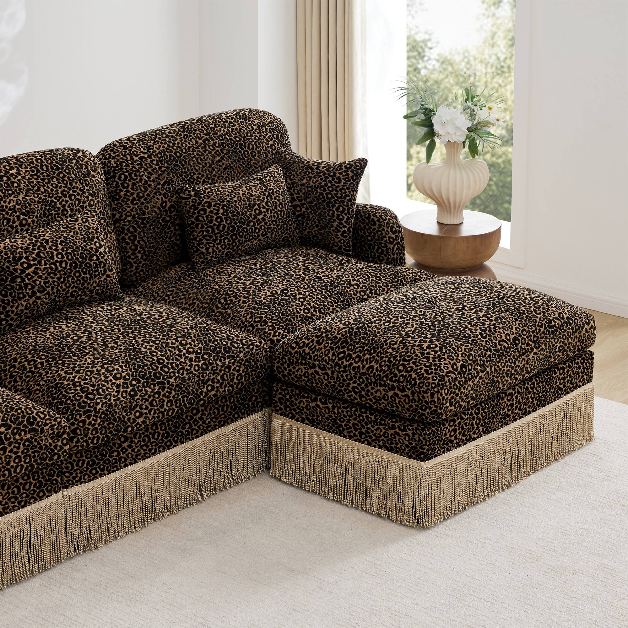 Back. Anysun - 131" Modern Chenille Leopard U-Shaped Sofa - Tassel Edge, Movable Ottomans, Ergonomic, Easy Assembly, Deep Seat - Brown.