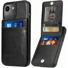 Entronix - Slim Leather Wallet Case for iPhone 16E with 6 Slot Card Holder - Black