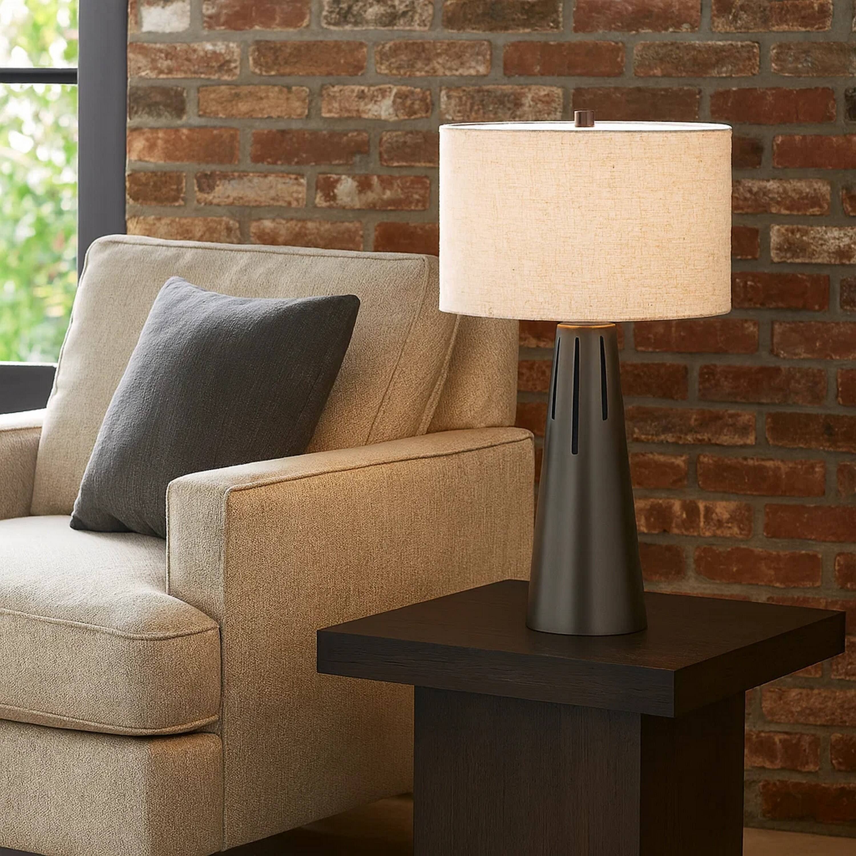 Alt View 3. Manhattan Lane - Tiy 30 Inch Table Lamp, Hardback Drum Shade, Iron Cone Base - Gray, Off White.