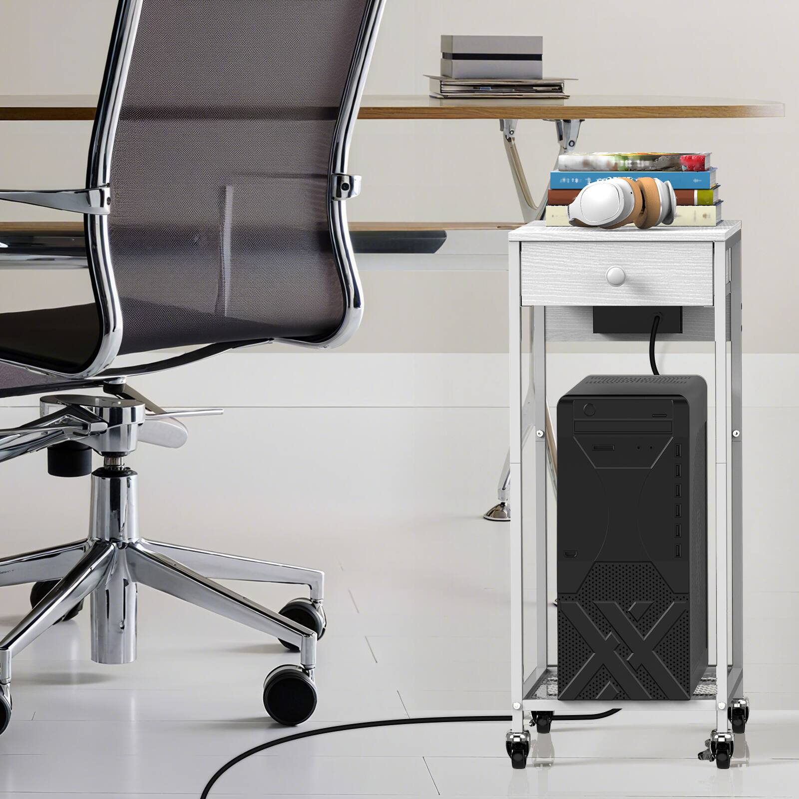 Oumilen - Mobile Printer Stand with Charging Station & Wooden Drawer, Rolling Side Table with Mesh Storage Shelf - White