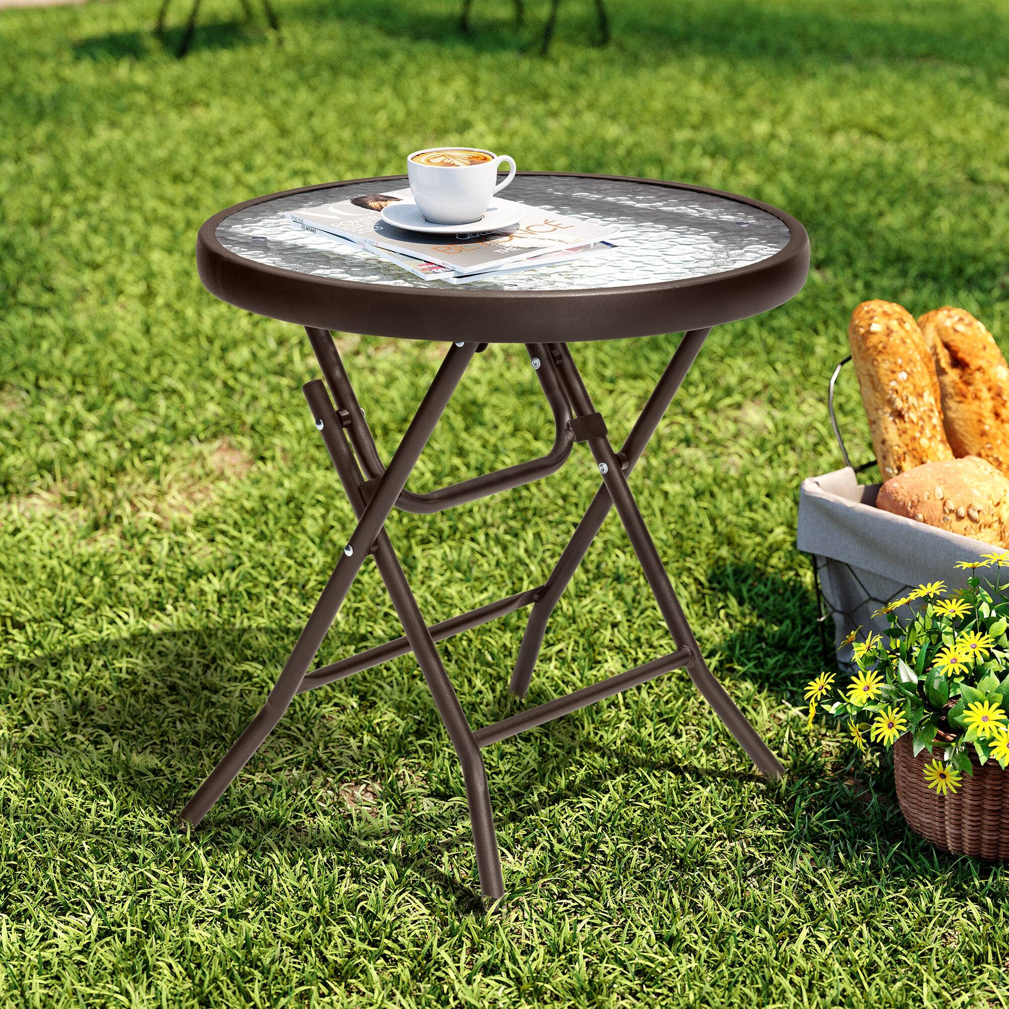 Alt View 4. Crestlive Products - Crestlive Products 18-inch Outdoor Foldable Round Side Table Set with Tempered Glass Top - Brown.