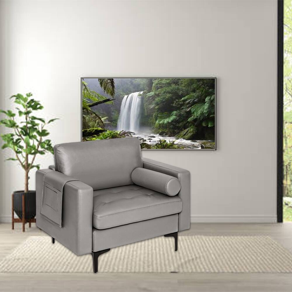 Front. Hivvago - Stylish Accent Armchair with Bolster Pillow and Integrated Side Pocket Storage - Light Gray.