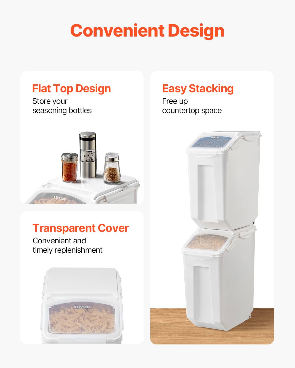 Convenient Design
Flat Top Design Store your seasoning bottles
Easy Stacking Free up countertop space
Transparent Cover Convenient and timely replenishment