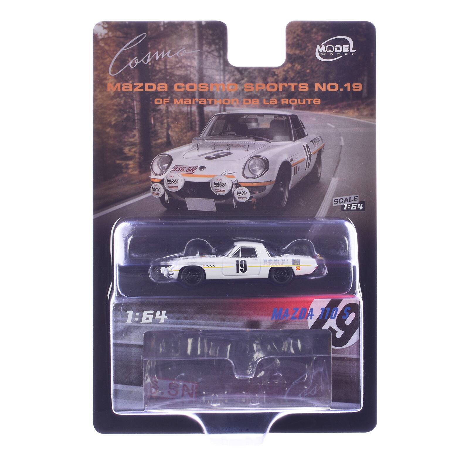 MODEL MODEL MAZDA COSMO SPORTS NO.19 OF MARATHON DE LA ROUTE  
19 936.SN LEE  
SCALE 1:64  
19  
W MAZDA 110 S