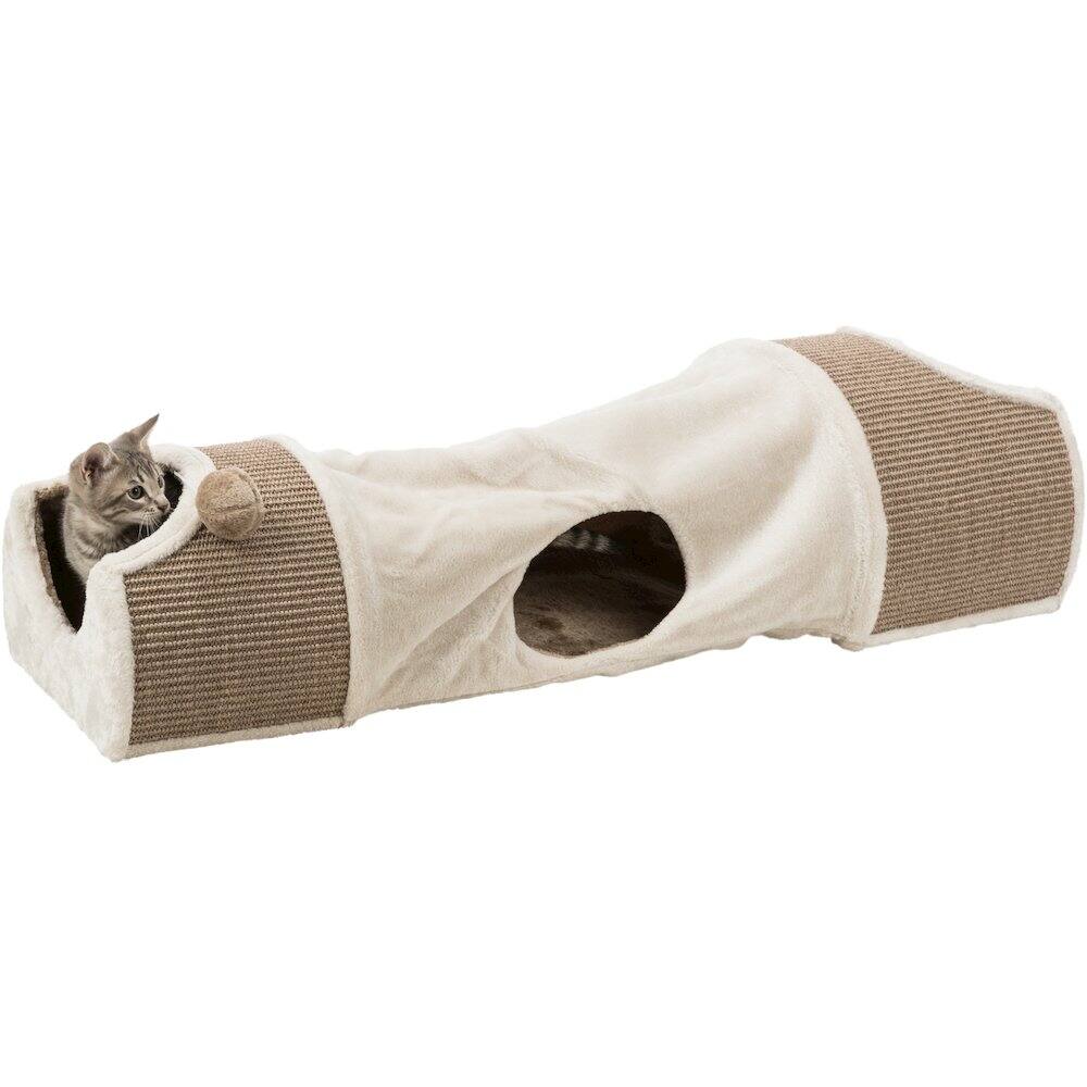 Left. TRIXIE - Sisal & Plush 1-Level Cat Condos with Scratching Surface, Tunnel & Cat Toy - Cream.