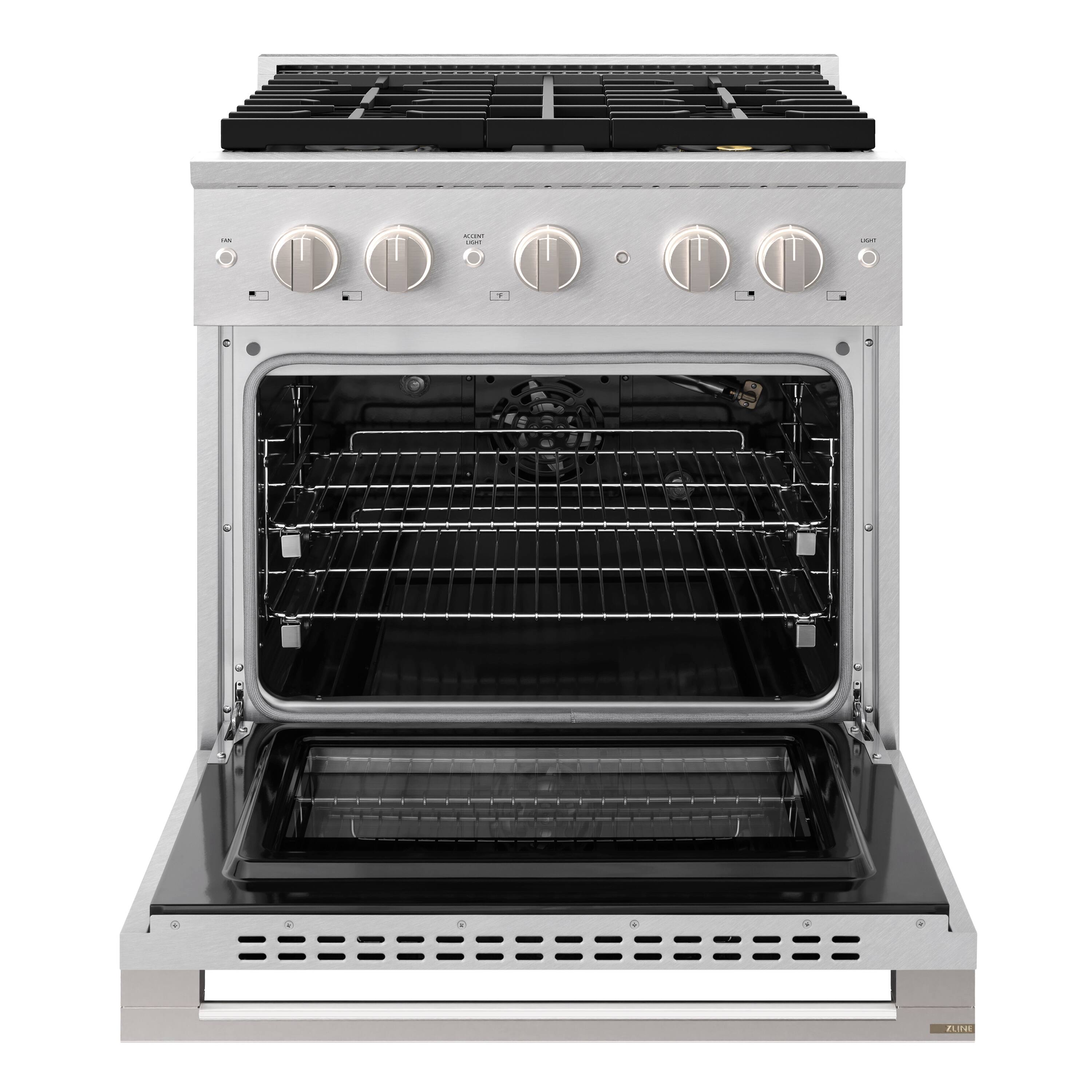 Angle. ZLINE - 30 in. 4.2 cu. ft. Marino Freestanding Manual Clean Gas Range with 4 DuoPro Burners and Convection Oven - Satin Stainless Steel.