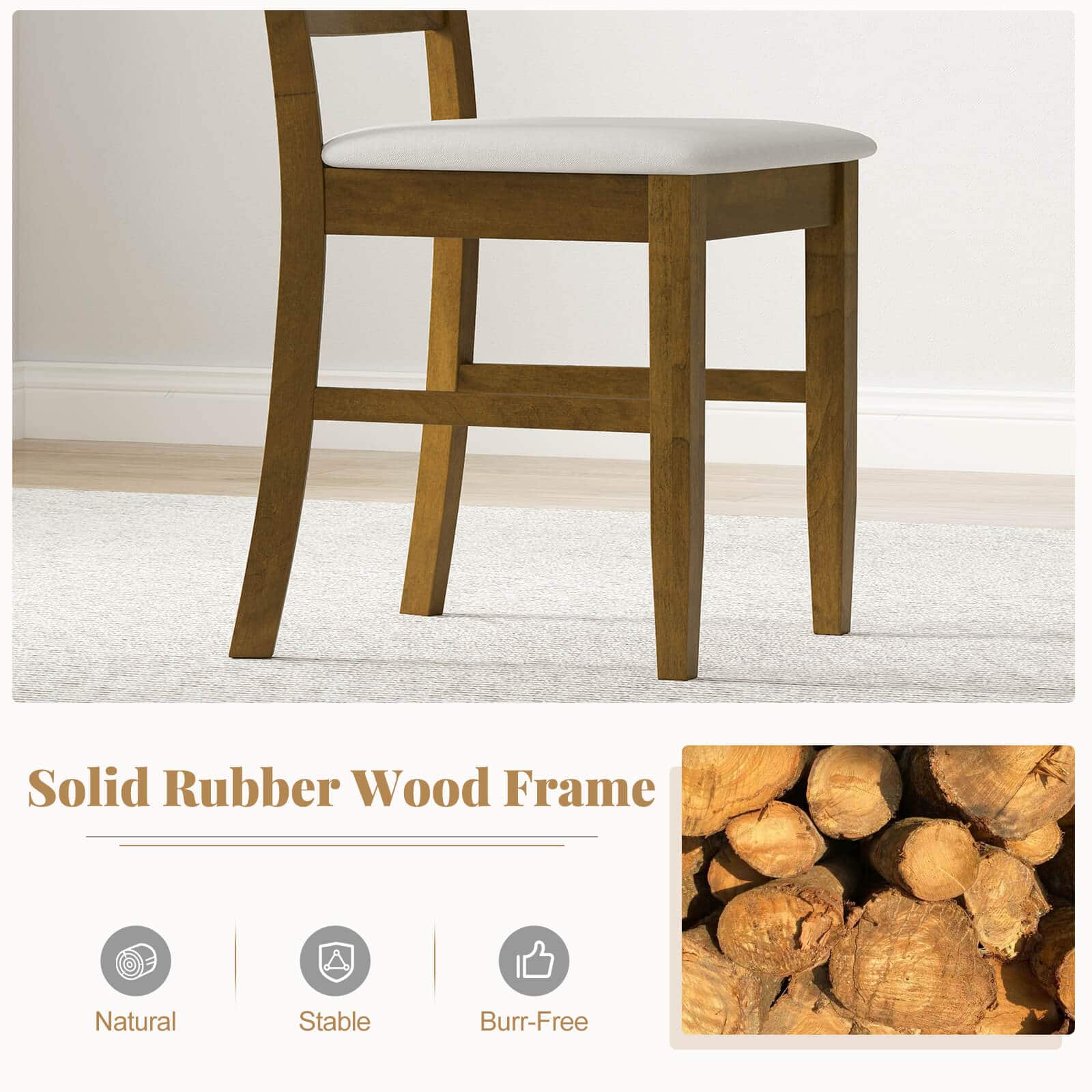 Solid Rubber Wood Frame Natural Stable Burr-Free