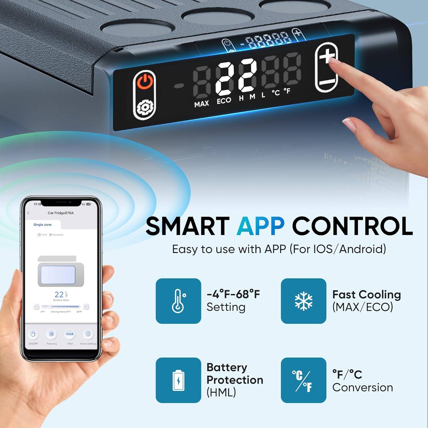 - 00000 00000 + 88888 ECO HMLCF C F MAX W 10:18 Car Fridge87GA Single zone a S 1 SMART APP CONTROL Easy to use with APP (For IOS/Android) - 22 Cen - sr - 10 -4F-68F Setting Fast Cooling (MAX/ECO) A me Freshing i ma Battery Protection (HML) C F/C F Conversion