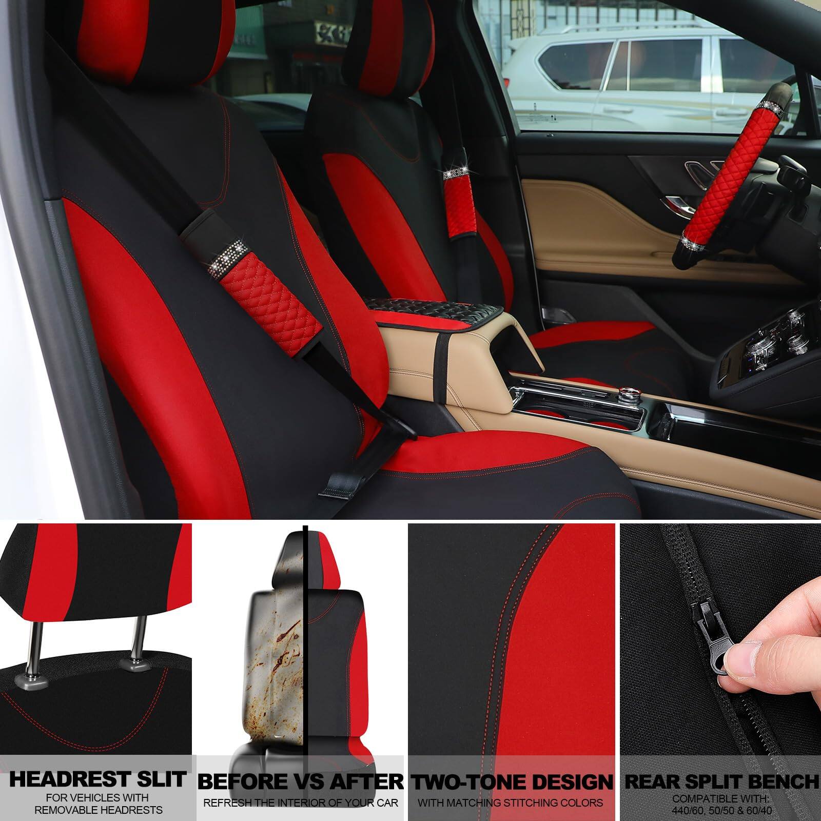 - HEADREST SLIT  
  FOR VEHICLES WITH REMOVABLE HEADRESTS

- BEFORE VS AFTER  
  REFRESH THE INTERIOR OF YOUR CAR

- TWO-TONE DESIGN  
  WITH MATCHING STITCHING COLORS

- REAR SPLIT BENCH  
  COMPATIBLE WITH:  
  440/60 50/50 & 60/40