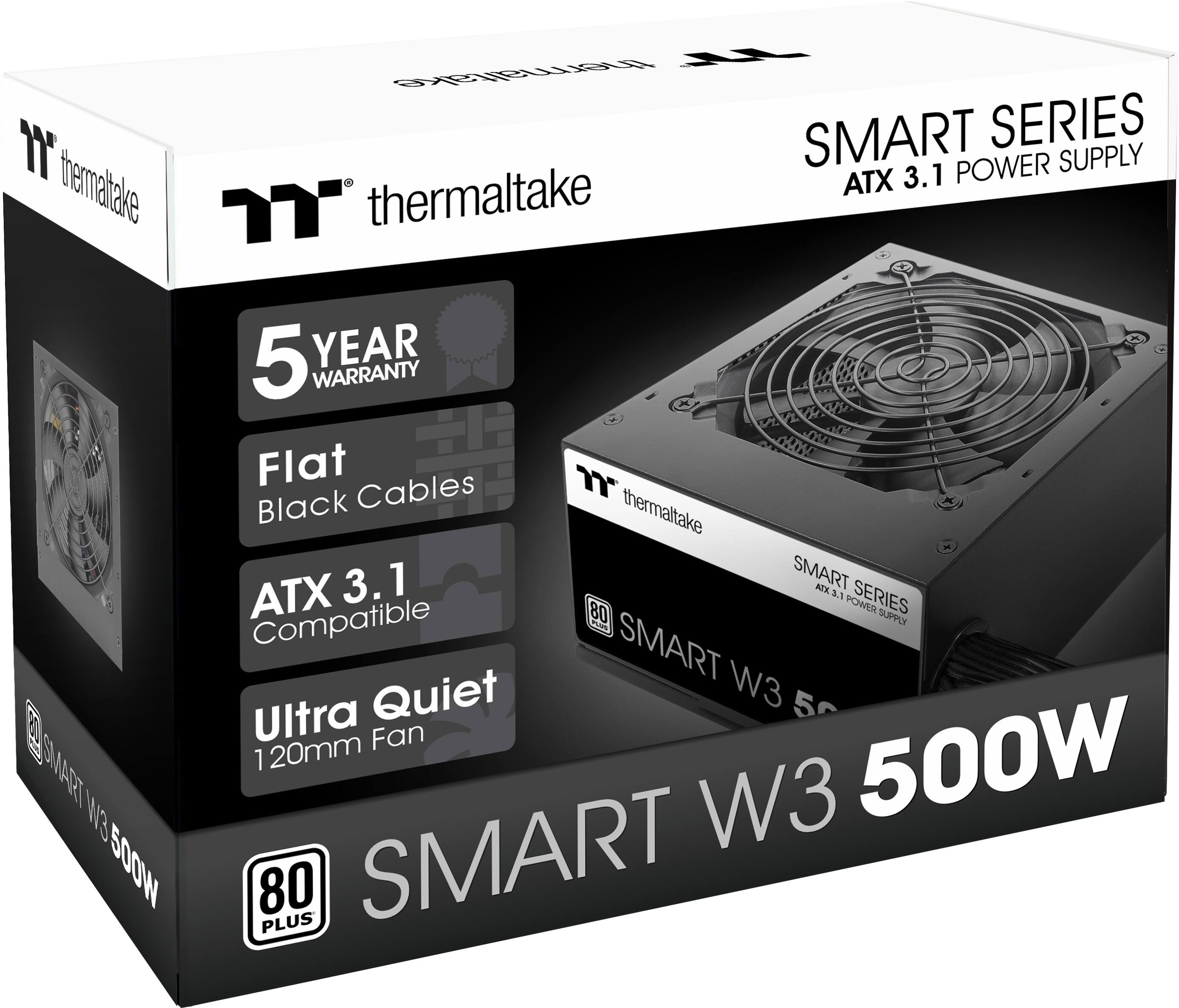 The text on the image is:

"Thermaltake Smart Series 500W Power Supply, ATX 3.1, 7" Flat Black Cables, 5 Year Warranty, 80 PLUS, Quiet, 120mm Fan, 500W, Smart W3 Series."