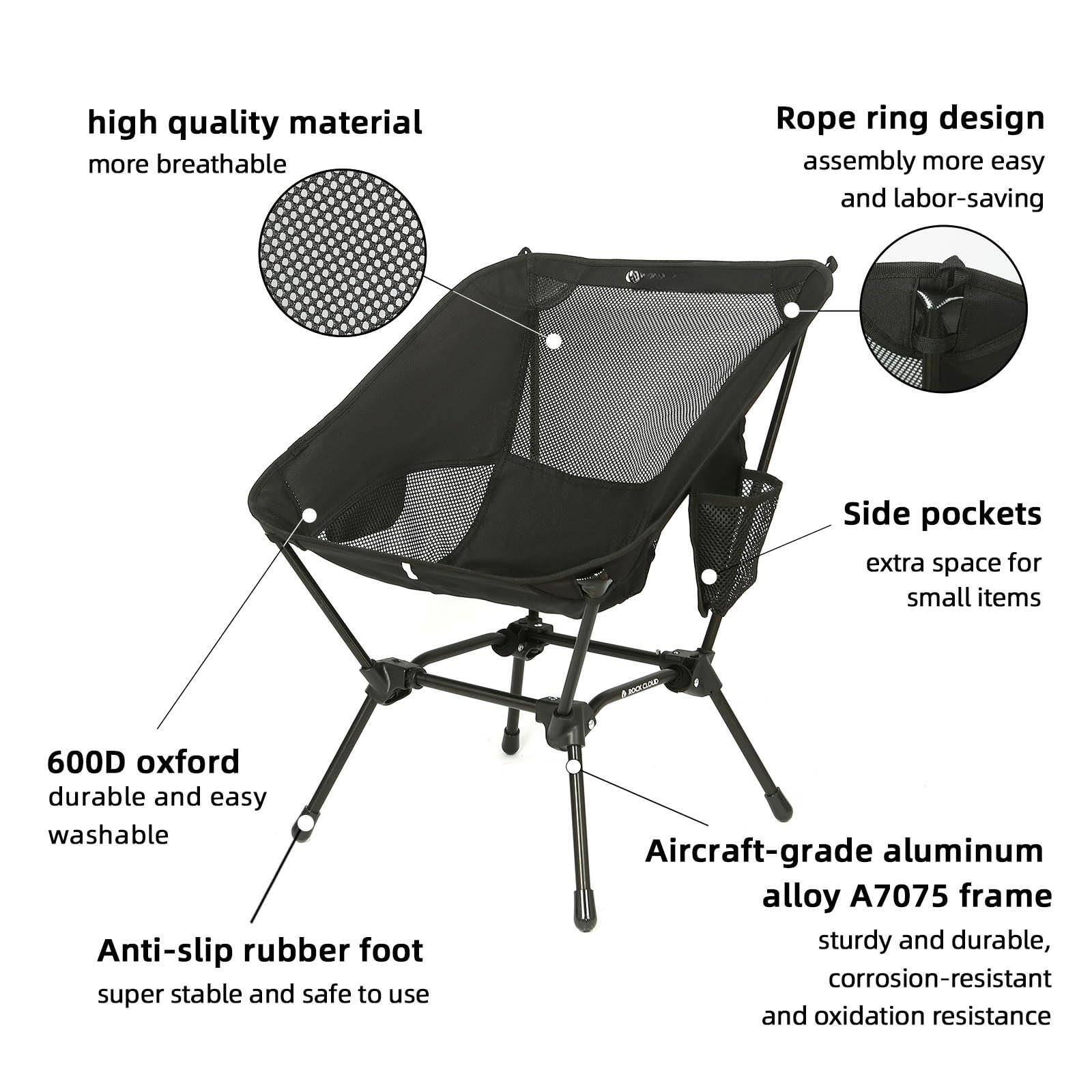 - High quality material
  - More breathable

- Rope ring design
  - Assembly more easy and labor-saving

- Side pockets
  - Extra space for small items

- 600D oxford
  - Durable and easy washable

- Anti-slip rubber foot
  - Super stable and safe to use

- Aircraft-grade aluminum alloy A7075 frame
  - Sturdy and durable, corrosion-resistant and oxidation resistance