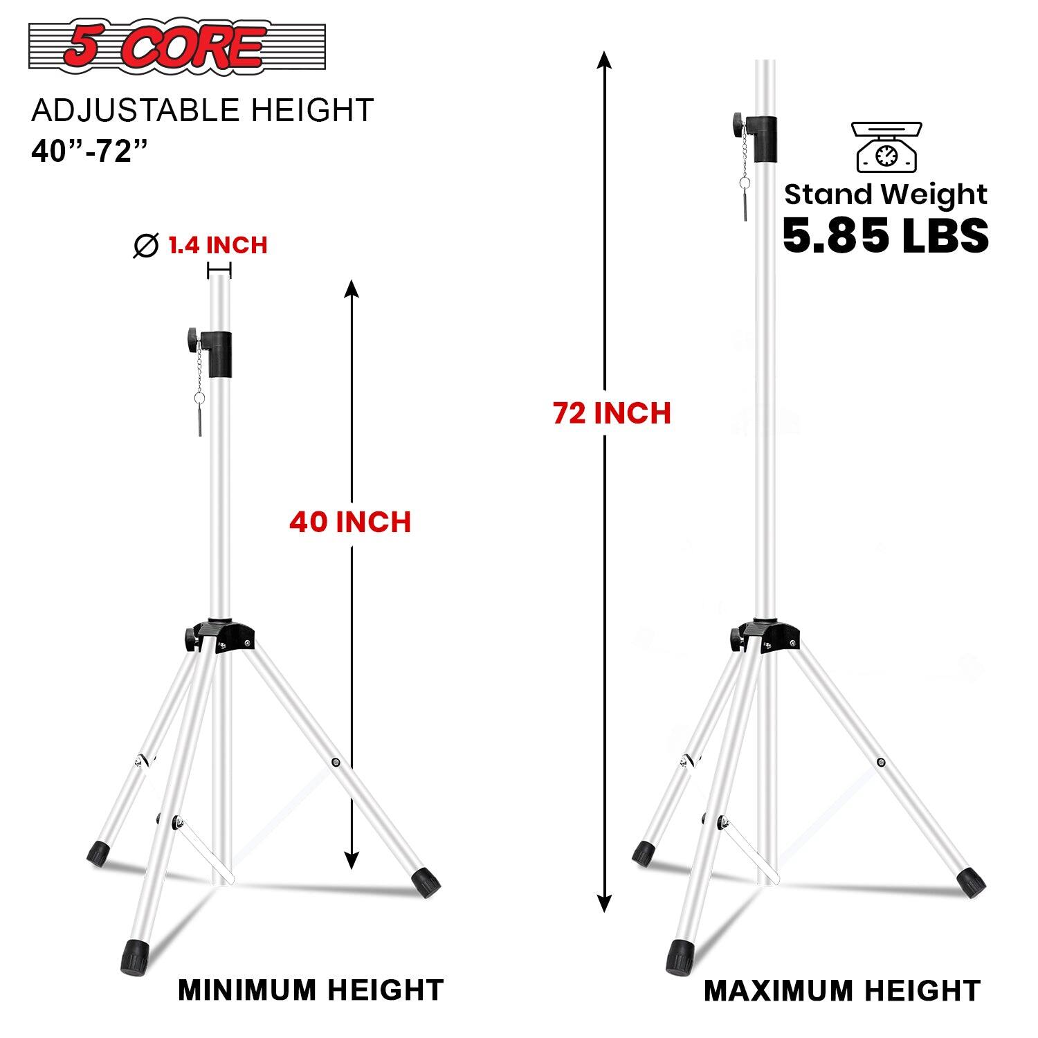 The corrected text is:

- Adjustable height: 40" - 72"
- Stand weight: 5.85 lbs
- Minimum height: 40 inches
- Maximum height: 72 inches
- 1.4 inch adjustment per height