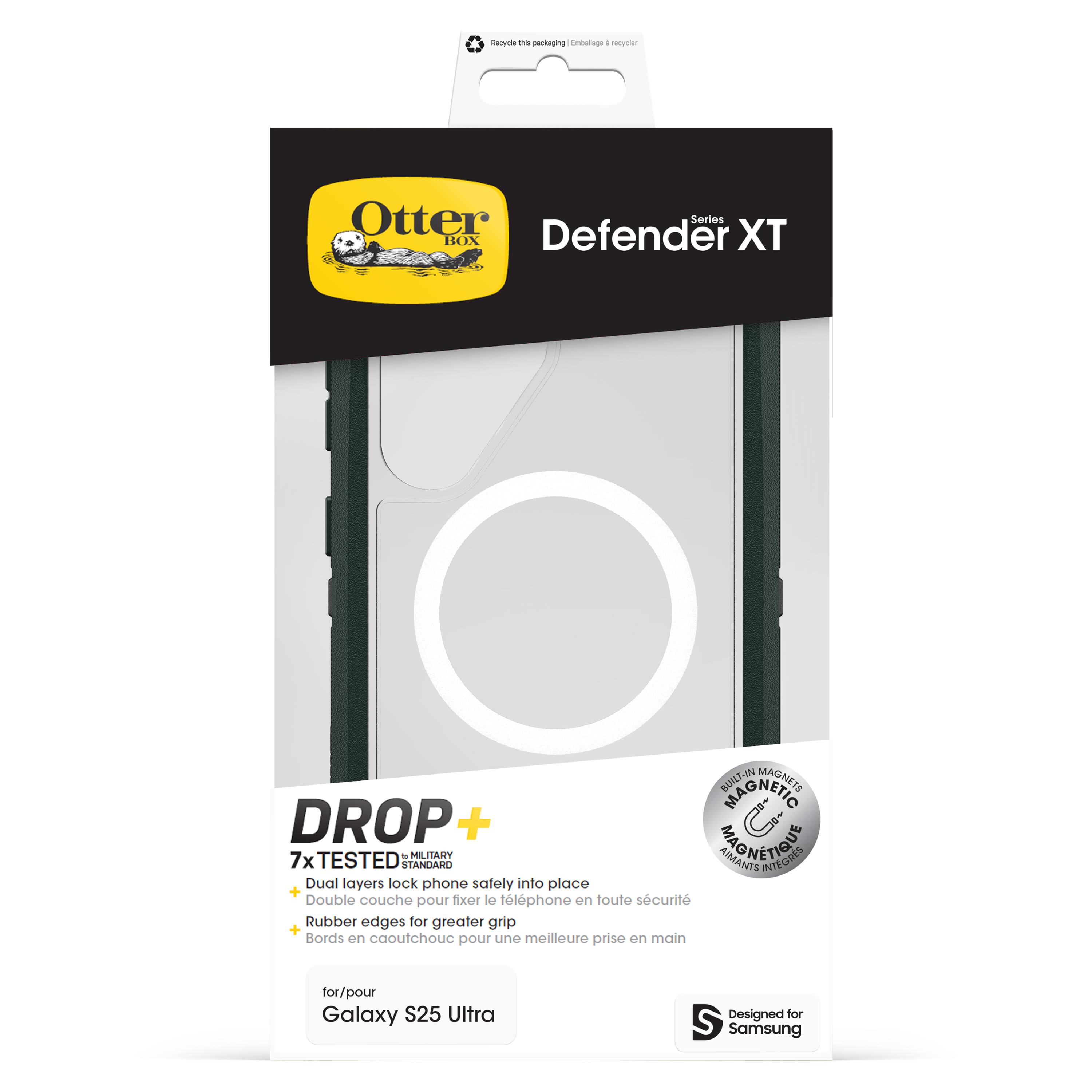 The Otter Defender Series XT is a protective case for the Galaxy S25 Ultra. It features a drop-tested design that can withstand 7x military-grade tests, ensuring the safety of your phone. The case has dual layers to securely lock your phone into place and prevent it from falling out. The rubber edges provide better grip, while the integrated magnets allow you to attach the case to a metal surface. The Otter Defender Series XT is designed for the Samsung Galaxy S25 Ultra and offers both protection and convenience.