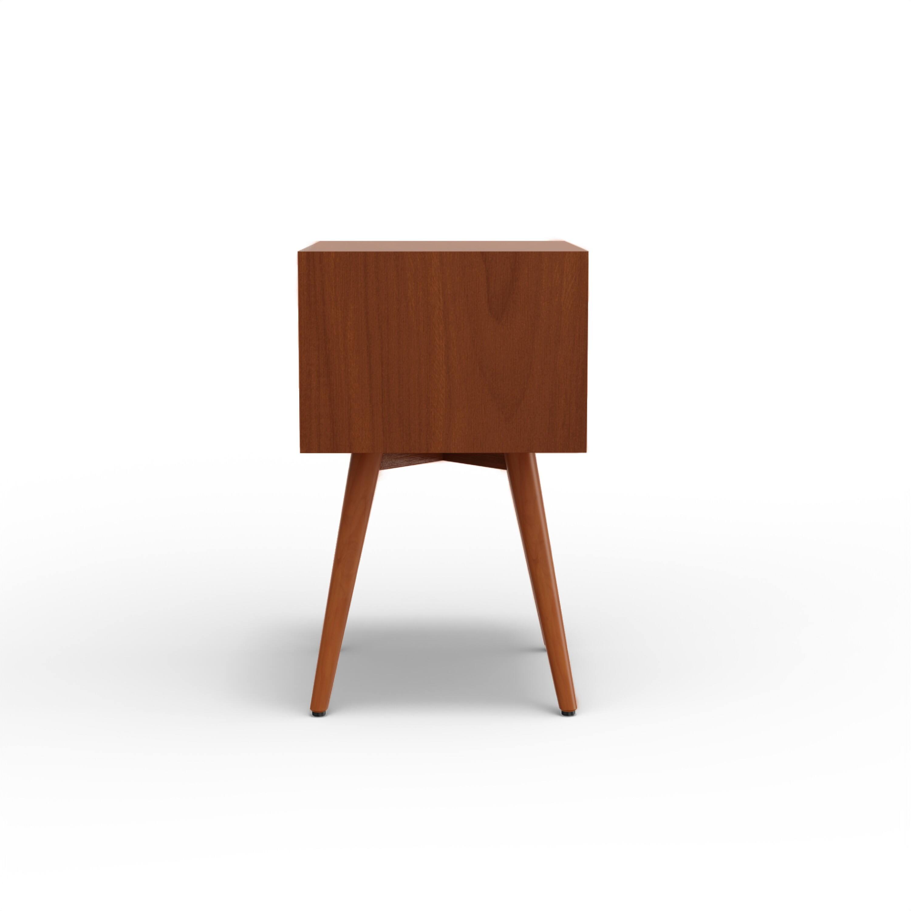 Left. Manhattan Lane - Ian Small Nightstand, 2 Drawers,  and  Solid Mahogany Wood - Chestnut Brown, White, Black.