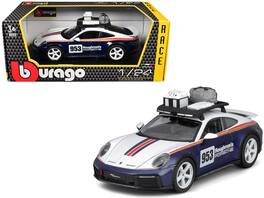 Bburago - Porsche 911 Dakar #953 "Roughroads Porsche" with Stripes and Roof Rack "Race" Series 1/24 Diecast - Blue and White