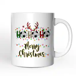 OrnamentallyYou - Soccer Buffalo Plaid Christmas Mug, Ho Ho Ho Football Gift - White