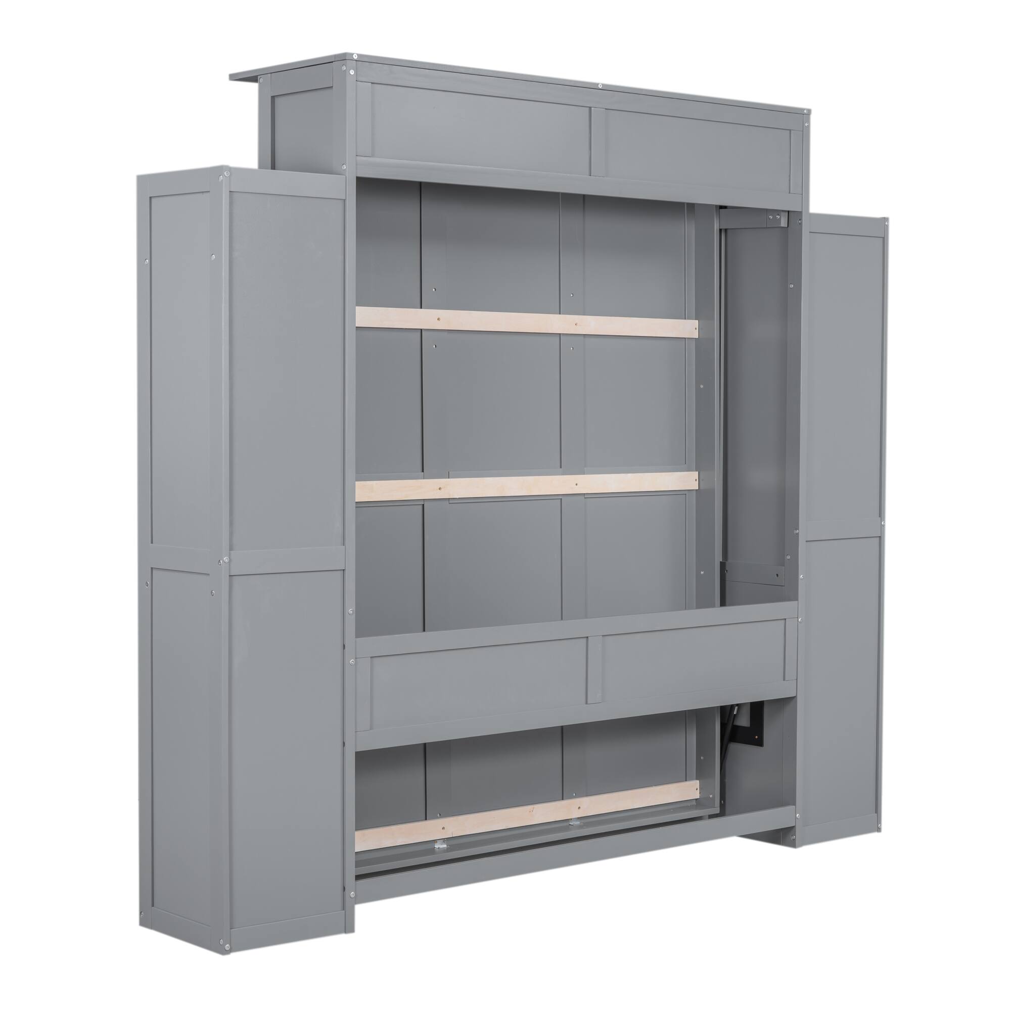 Alt View 8. Tiramisubest - Queen Size Gray Murphy Wall Bed with Shelves, LED Lights, Solid Wood + MDF, Space-Saving - Gray.