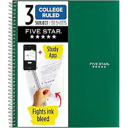 Five Star - 3-Subject Notebooks, 8.5" x 11", College Ruled, 150 Sheets, Color chosen at random (06050/06210) - Assorted