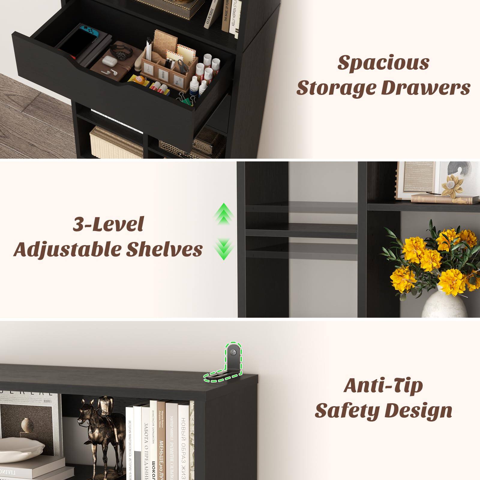 1 VEXR3O NHE KUONOT Spacious Storage Drawers 3-Level Adjustable Shelves JENCNE LIVIN - - pmar   FRVAON I RAO O   1.i. | oxom | m , I I PONITRIECLIN    Anti-Tip Safety Design