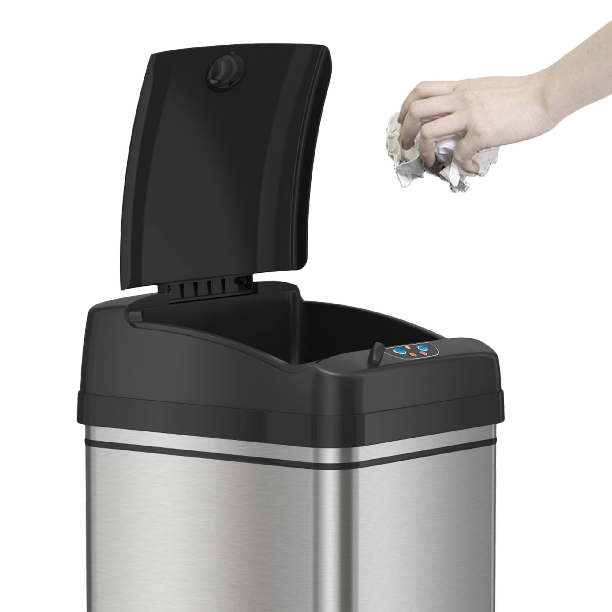 Left. iTouchless - 13-Gal. Touchless Trash Can - Stainless Steel/Black.