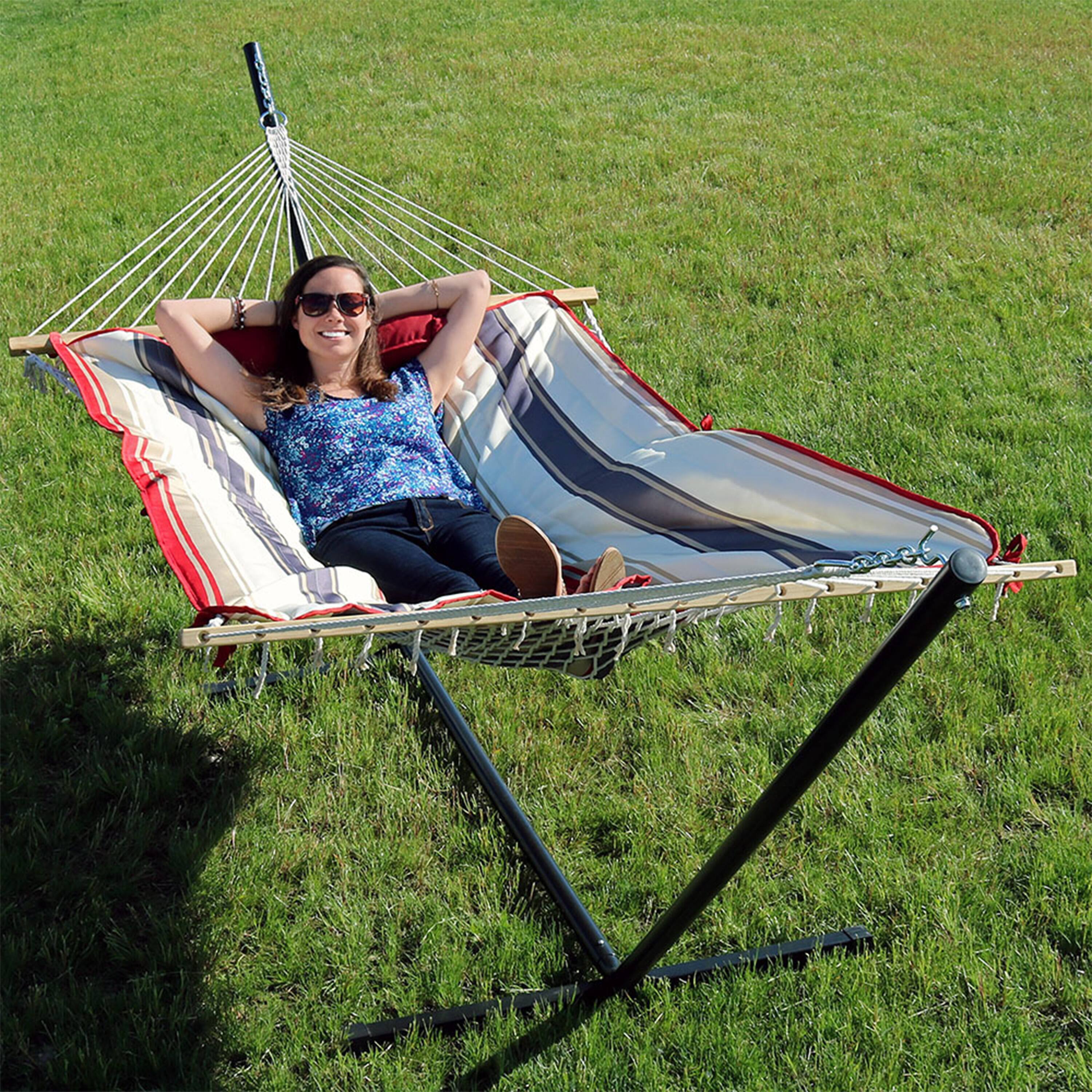 Alt View 9. Sunnydaze - Large Rope Hammock with Steel Stand and Pad/Pillow - Modern Lines.