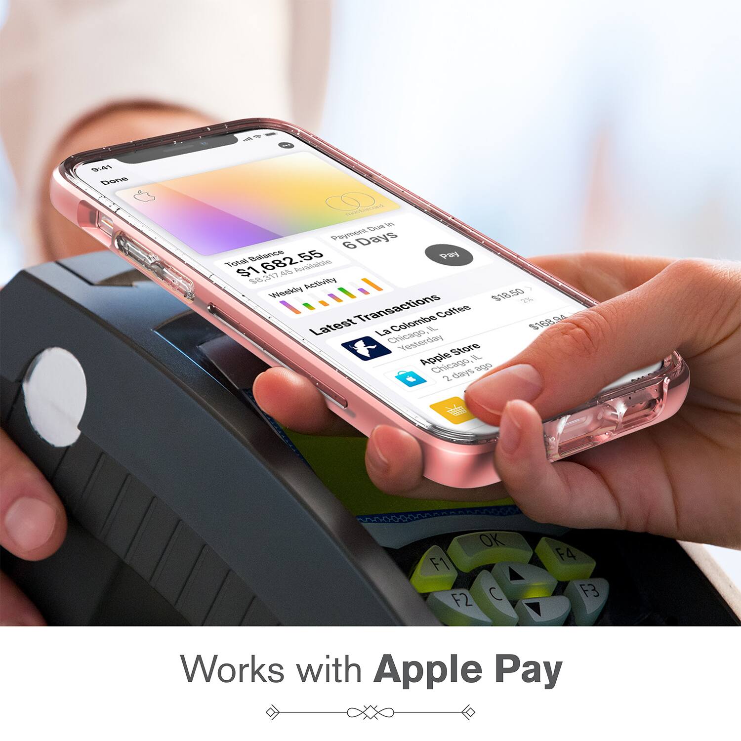 9:01 Done Duei Ne Payymwr Days 6 BAaNCS  Total $1.682.55 Aralutin S1 18217 4 s8 cg weehlyy $18.50 T0% Transactions Colombe Coffee s8 VE Latest La Chicago  Yesterday Store Apple L Chicago days go 2  OK F1 F2 C F4 F3 Works with Apple Pay