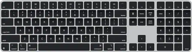 The text on the image is a list of keys on a keyboard. The keys are grouped as follows:
1. Function keys: F1 to F12
2. Numeric keys: 1 to 9, and 0
3. Modifier keys: shift, control, option, and command
4. Navigation keys: home, page up, page down, end, and arrow keys
5. Punctuation keys: @, #, $%, &, ., /, +, -, and delete
6. Numeric keypad keys: 7, 8, 9, and clear
7. Navigation keys: up, down, left, and right arrow keys
8. Function keys: F13 to F19
9. Numeric keypad keys: 1 to 9, and 0
10. Function keys: F1 to F12
The image shows a close-up of a keyboard with the keys grouped as described above.