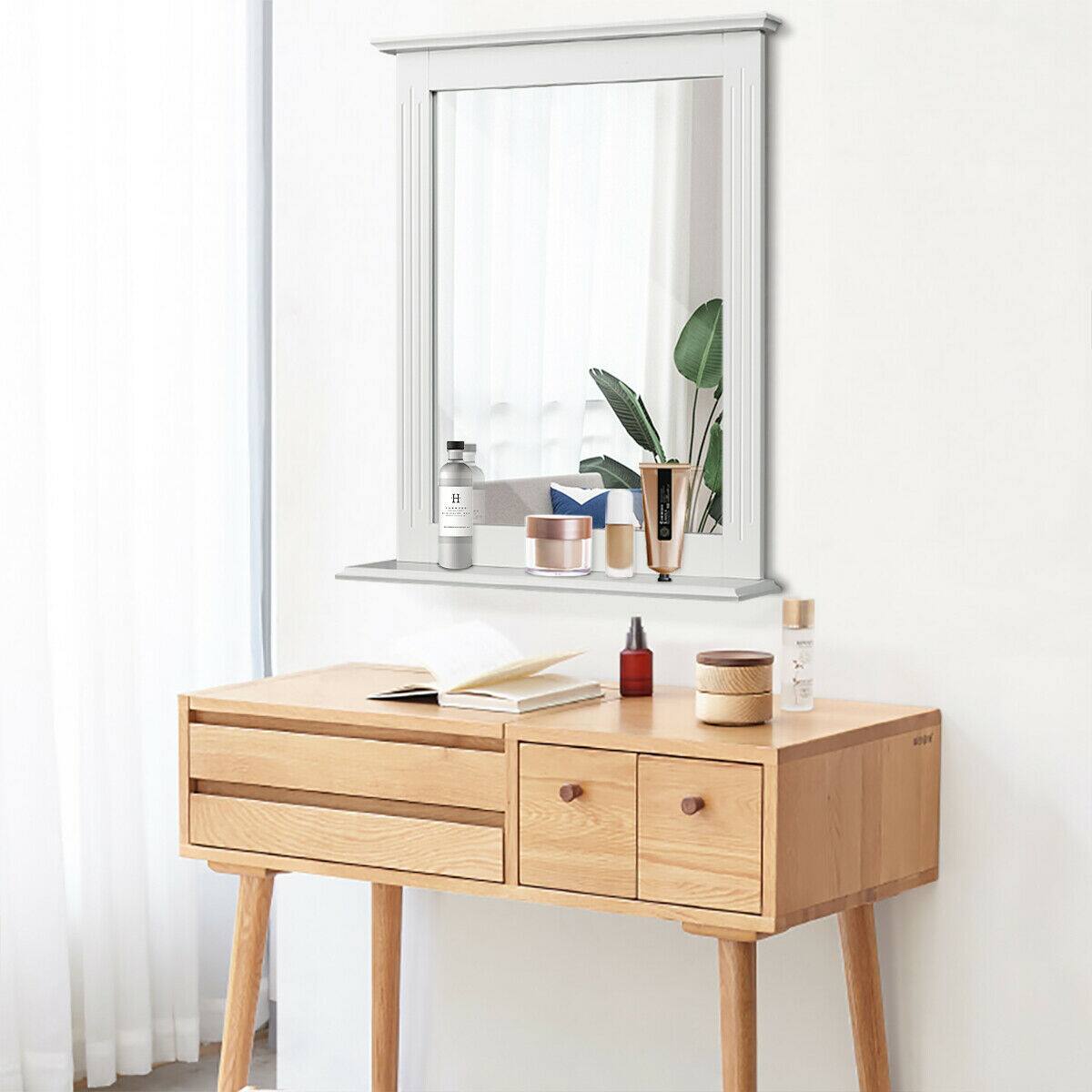 Alt View 4. Gymax - Gymax Bathroom Wall Mirror W/Shelf Square Vanity Makeup Mirror Multipurpose Usage - white.