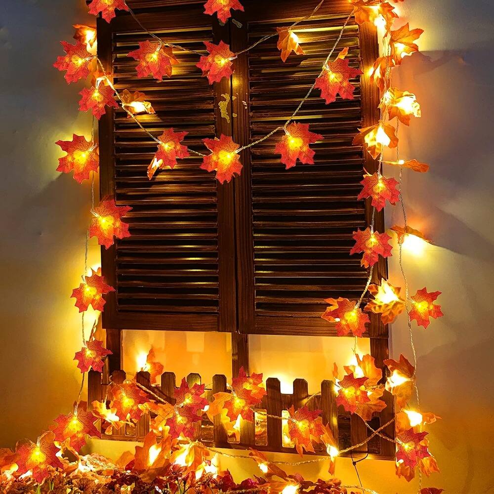Back. PARKER SLATER - 2 Pack Fall Garland Lights 20FT 40LED, Maple Leaves, Battery Operated - Orange, Yellow.