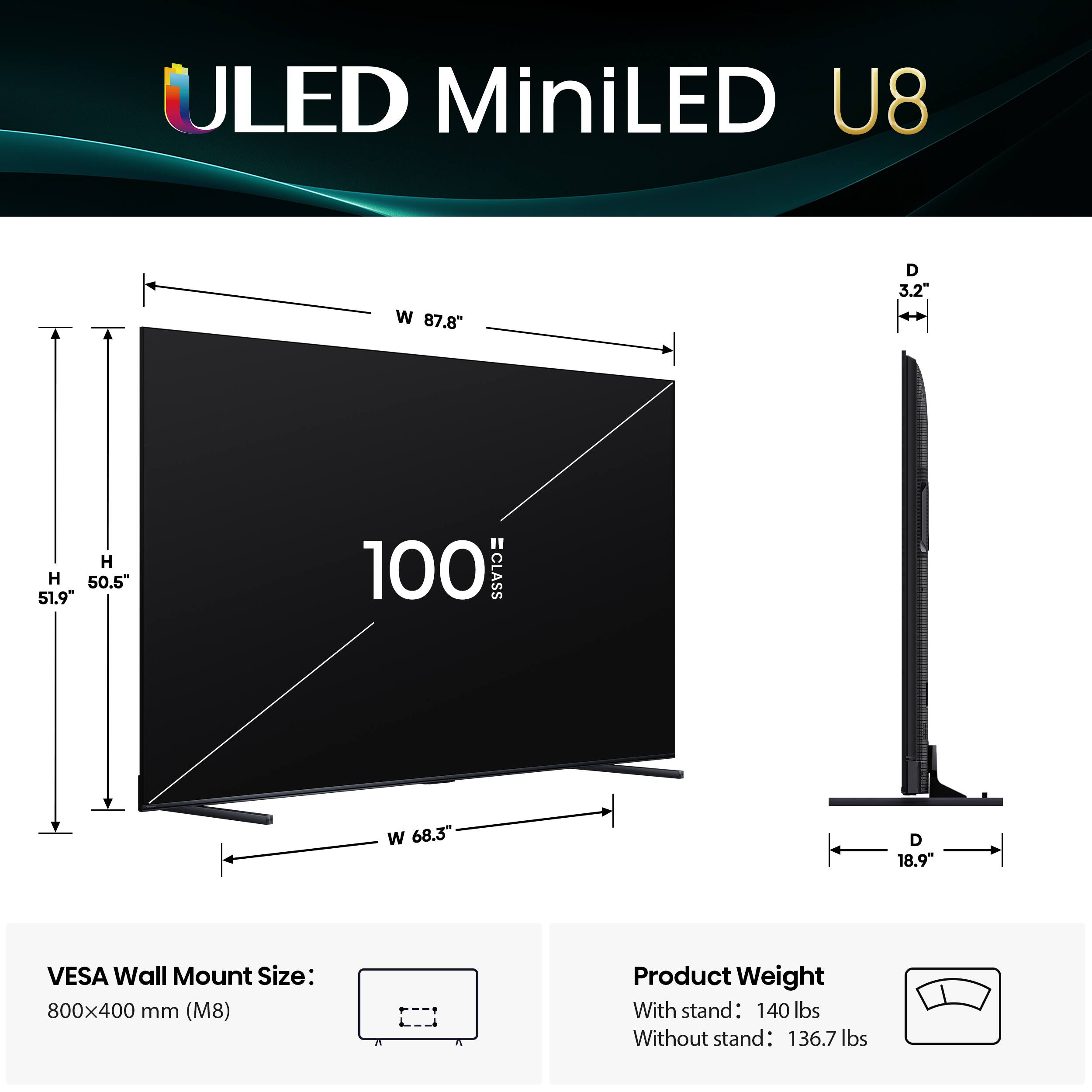 ULED MiniLED U8 W 87.8" D 3.2" H 50.5" 51.9 100 =CLASS W 68.3" D 18.9" VESA Wall Mount Size: 800x400 mm (M8) [] Product Weight With stand: 140 lbs Without stand: 136.7 lbs