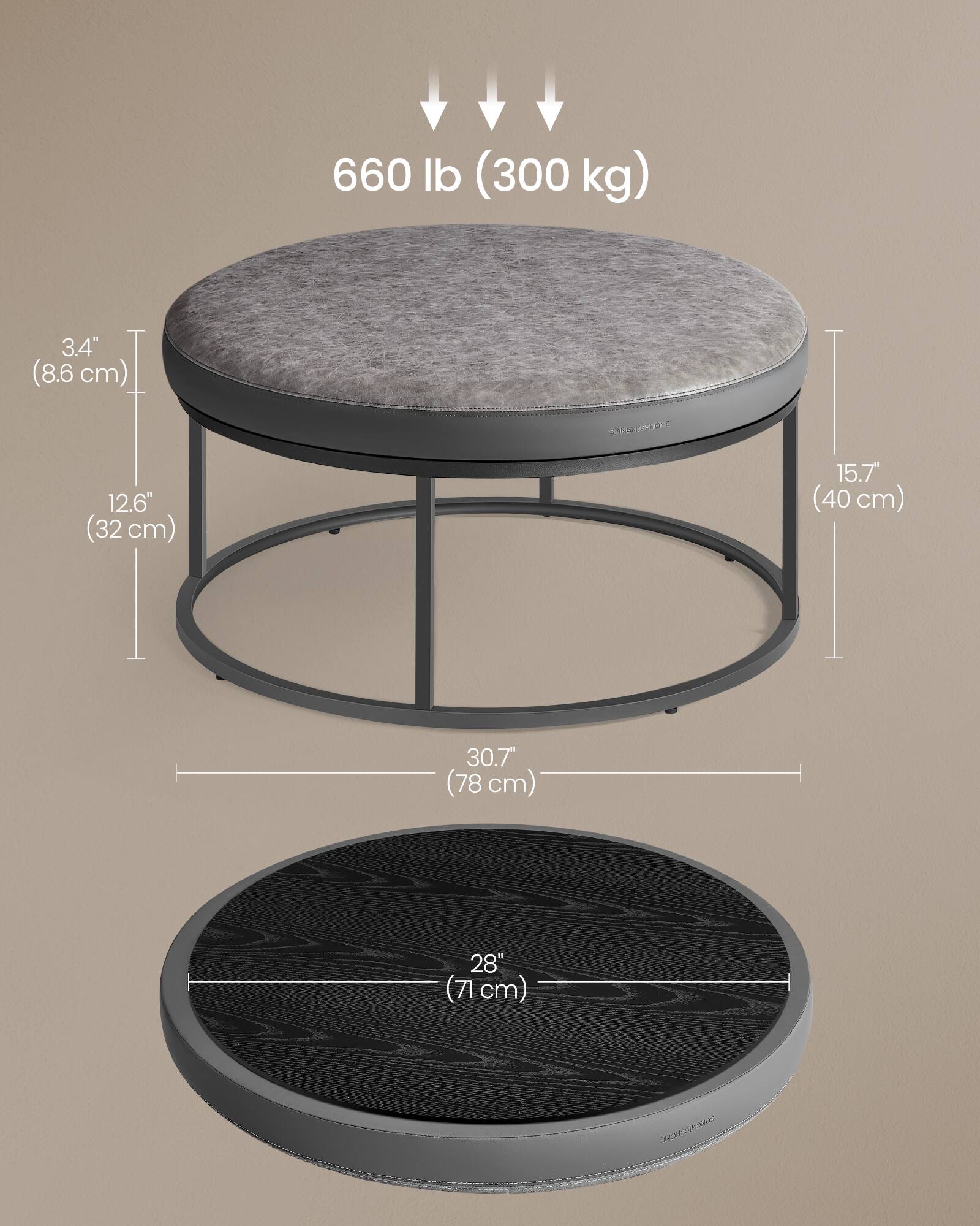660 lb (300 kg)

3.4" (8.6 cm)

12.6" (32 cm)

15.7" (40 cm)

30.7" (78 cm)

28" (71 cm)