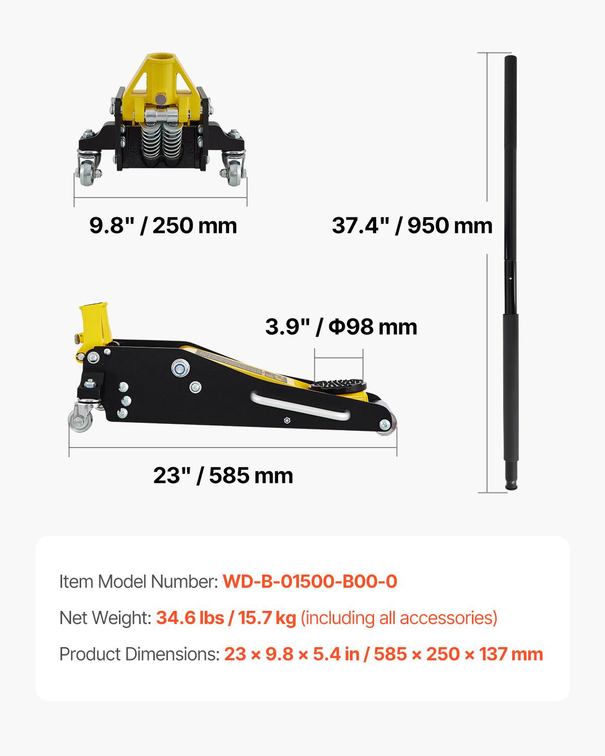 9.8" / 250 mm  
37.4" / 950 mm  
3.9" / 98 mm  
23" / 585 mm  

Item Model Number: WD-B-01500-B00-0  
Net Weight: 34.6 lbs / 15.7 kg (including all accessories)  
Product Dimensions: 23 x 9.8 x 5.4 in / 585 x 250 x 137 mm