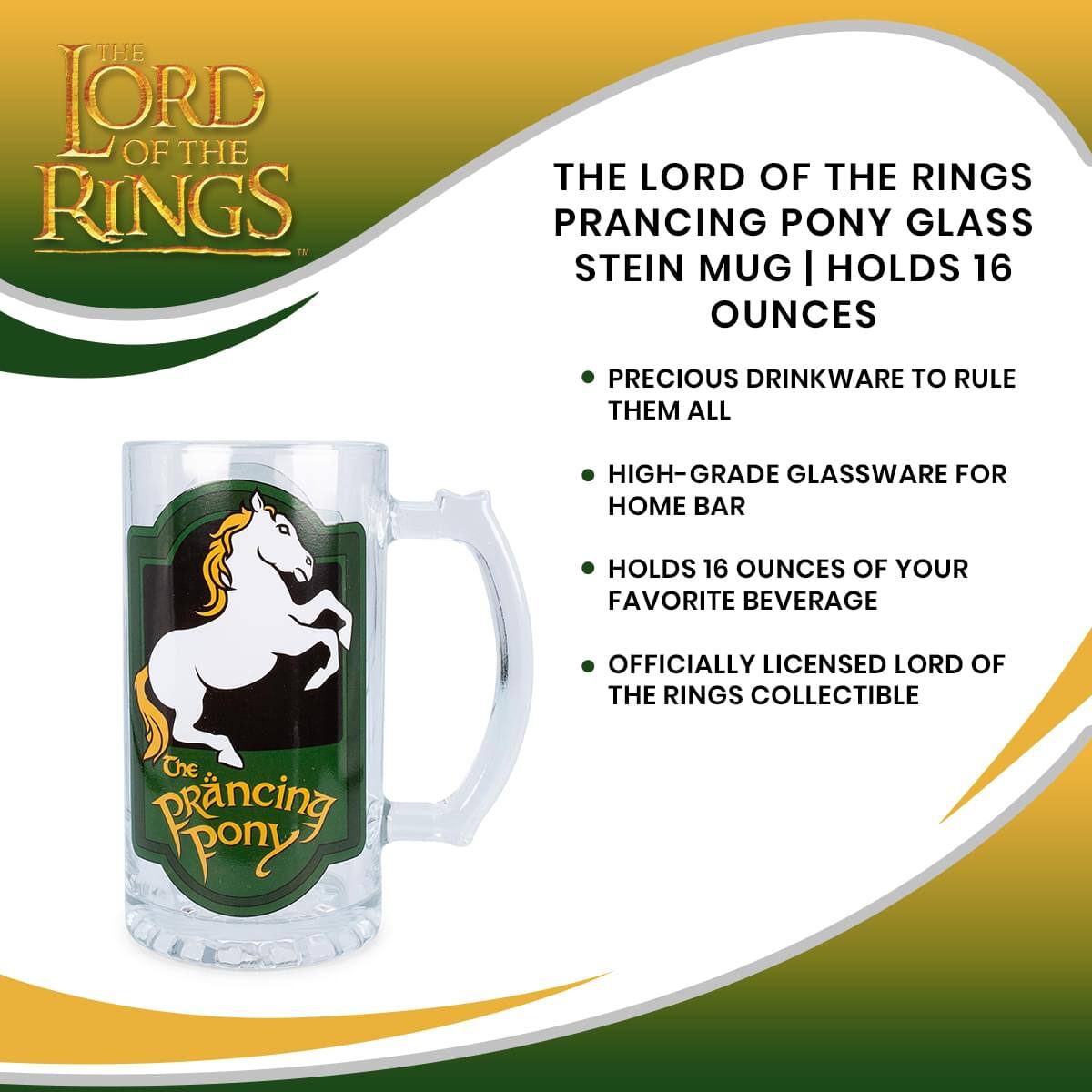 **The Lord of the Rings Prancing Pony Glass Stein Mug | Holds 16 Ounces**

- Precious Drinkware to Rule Them All
- High-Grade Glassware for Home Bar
- Holds 16 Ounces of Your Favorite Beverage
- Officially Licensed Lord of the Rings Collectible
