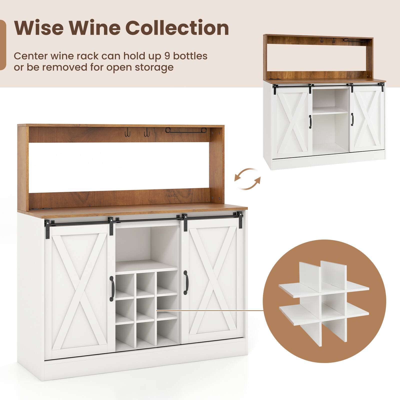 Wise Wine Collection
Center wine rack can hold up 9 bottles or be removed for open storage