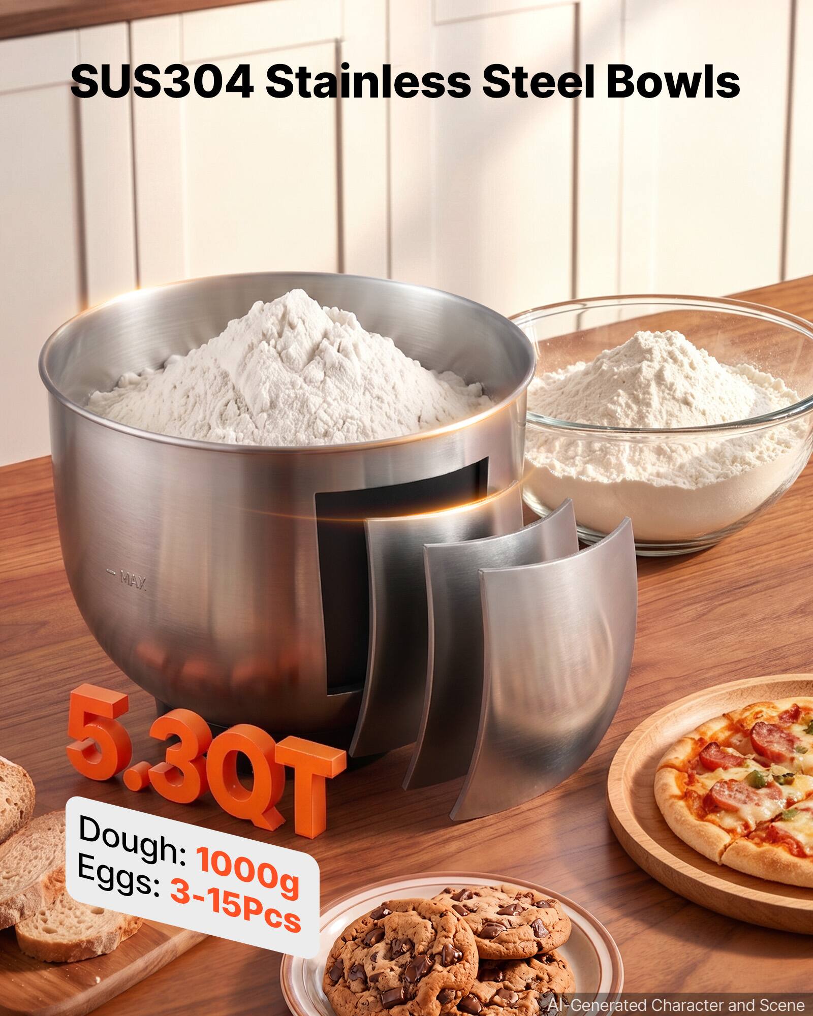 SUS304 Stainless Steel Bowls  
5.3QT  
Dough: 1000g  
Eggs: 3-15Pcs  
AI-Generated Character and Scene