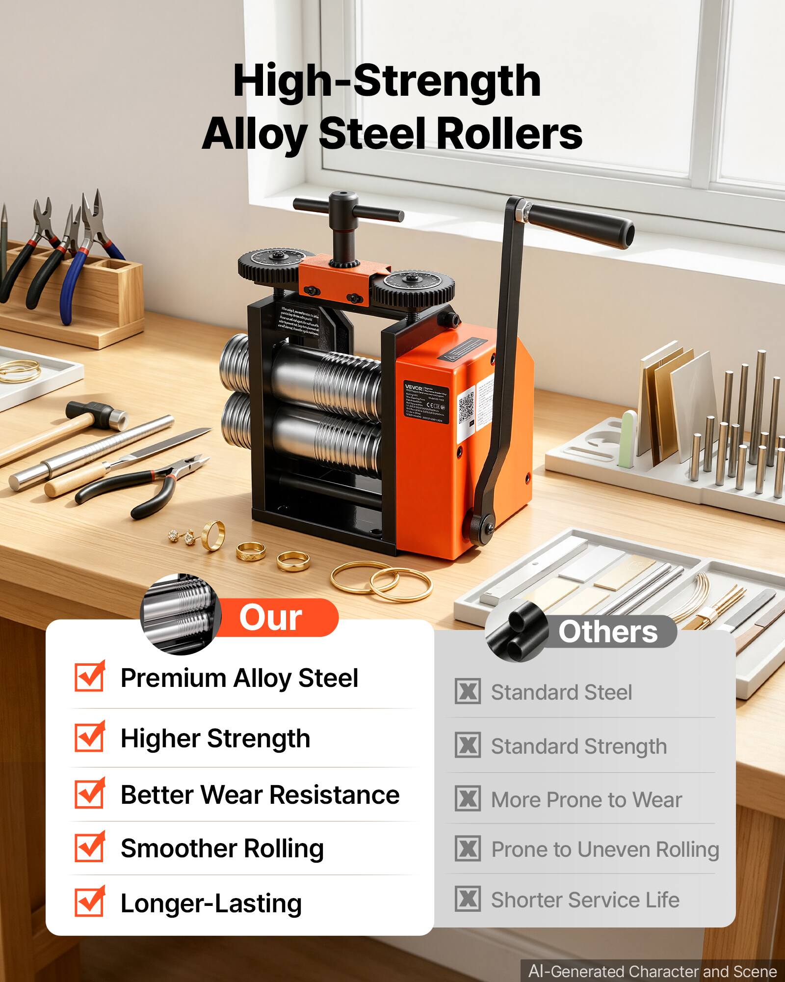 High-Strength Alloy Steel Rollers

Our
- Premium Alloy Steel
- Higher Strength
- Better Wear Resistance
- Smoother Rolling
- Longer-Lasting

Others
- Standard Steel
- Standard Strength
- More Prone to Wear
- Prone to Uneven Rolling
- Shorter Service Life

AI-Generated Character and Scene