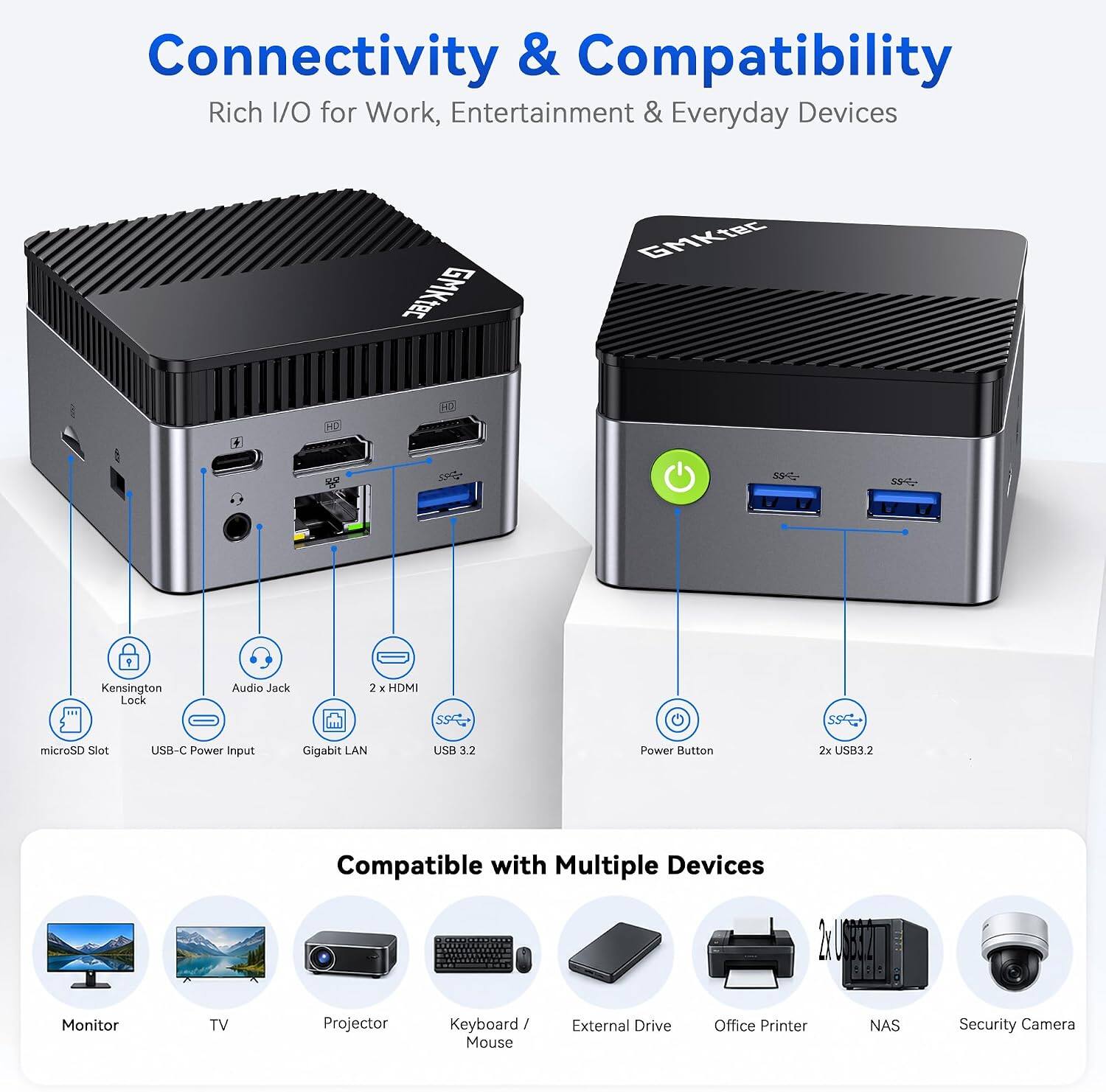 Connectivity & Compatibility  
Rich I/O for Work, Entertainment & Everyday Devices

- Kensington Lock
- Audio Jack
- 2 x HDMI
- microSD Slot
- USB-C Power Input
- Gigabit LAN
- USB 3.2
- Power Button
- 2x USB3.2

Compatible with Multiple Devices

- Monitor
- TV
- Projector
- Keyboard / Mouse
- External Drive
- Office Printer
- NAS
- Security Camera