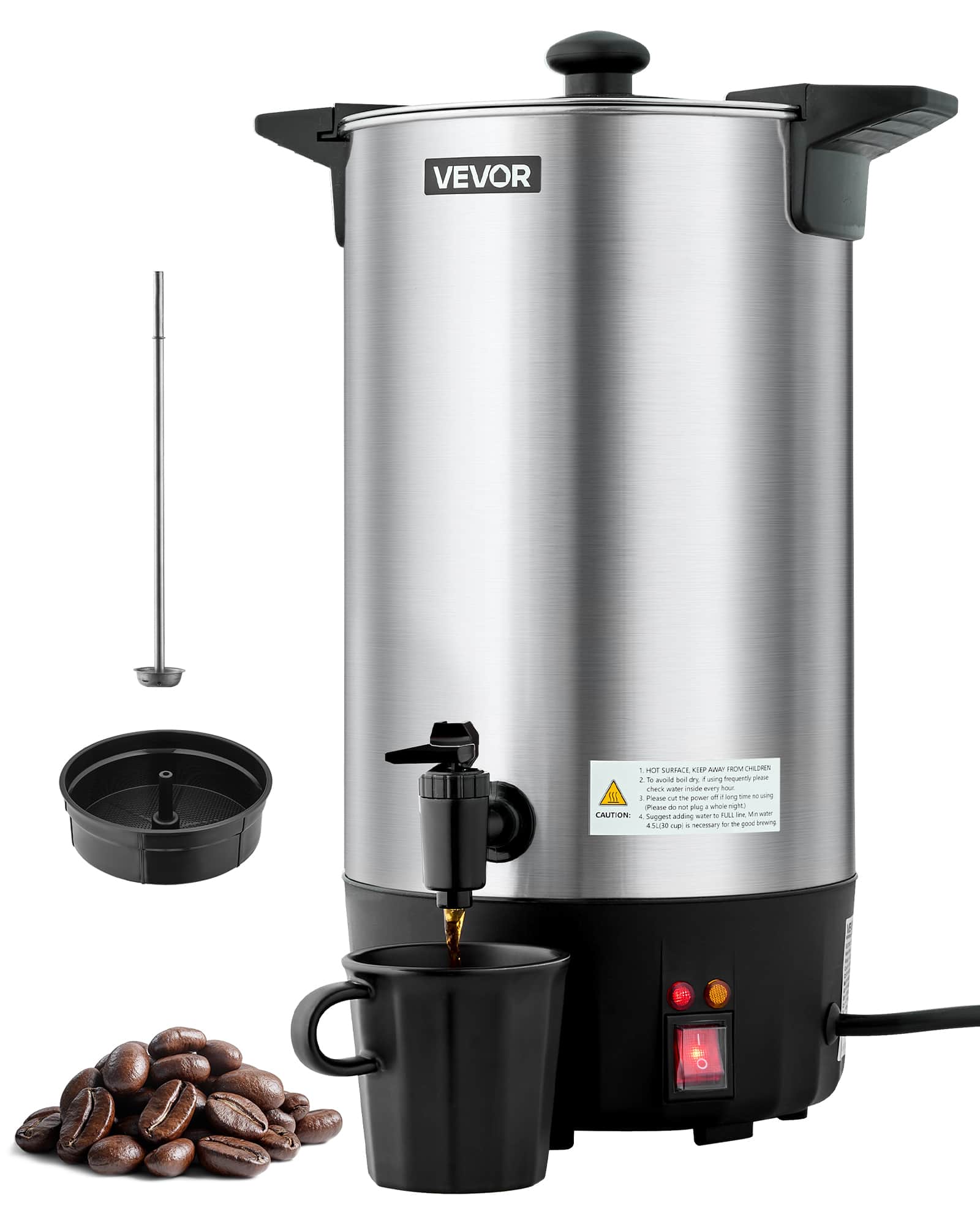 VEVOR - Commercial Coffee Urn, 60 Cup 9 L Hot Beverage Dispenser with Dripless Faucet, Quick-Brewing Stainless Steel Large - Natural Stainless Steel