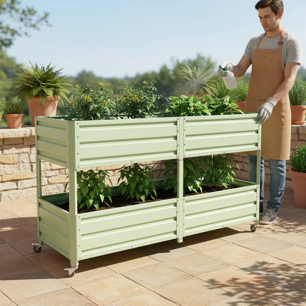 Alt View 3. Loheer - Loheer 2-Tier Elevated Raised Garden Bed Rolling Metal Planter Box with Lockable Wheels Green.