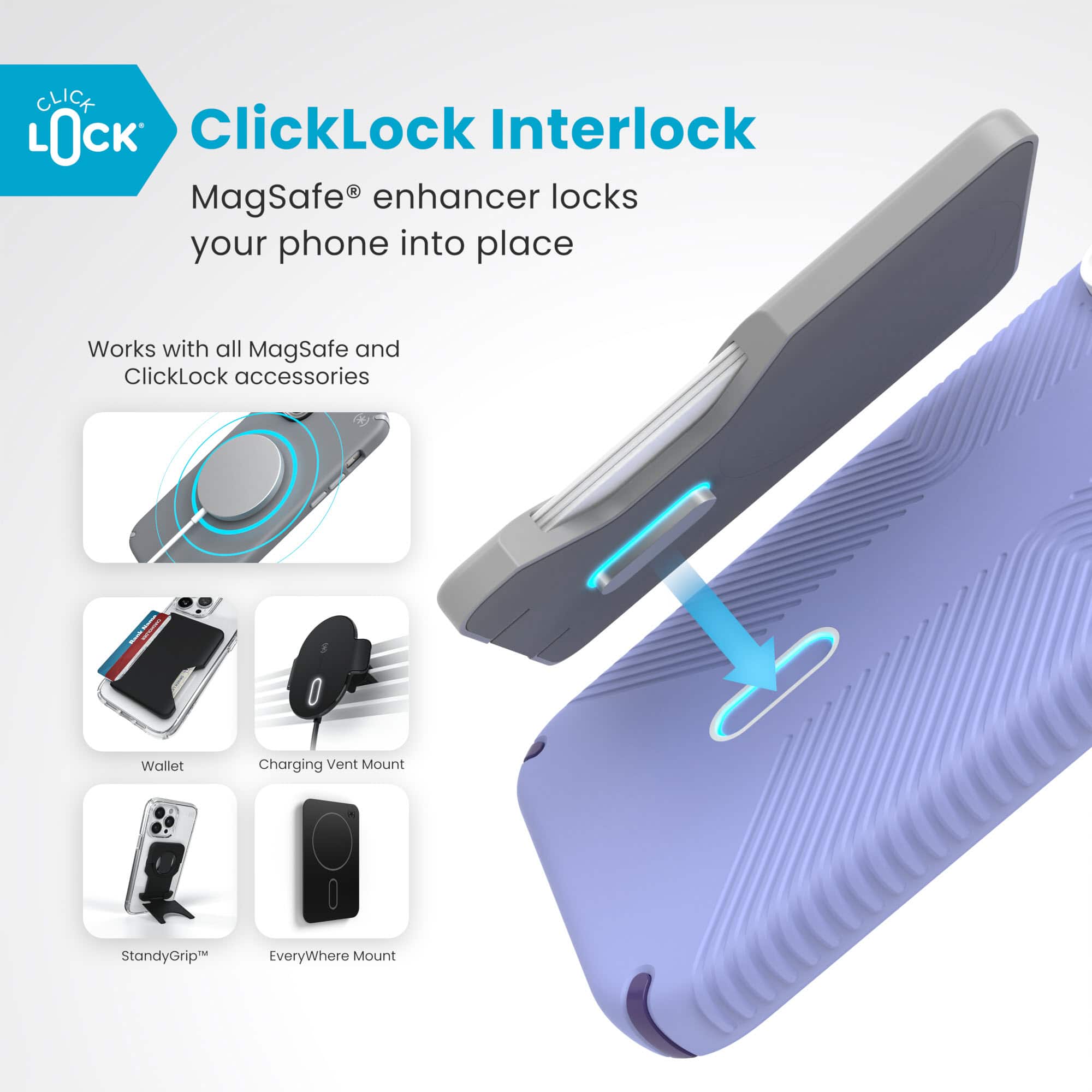 ClickLock Interlock MagSafe enhancer locks your phone into place. It works with all MagSafe and ClickLock accessories, including wallets, charging, vent mounts, and stands. The EveryWhere Mount is also compatible with this product.