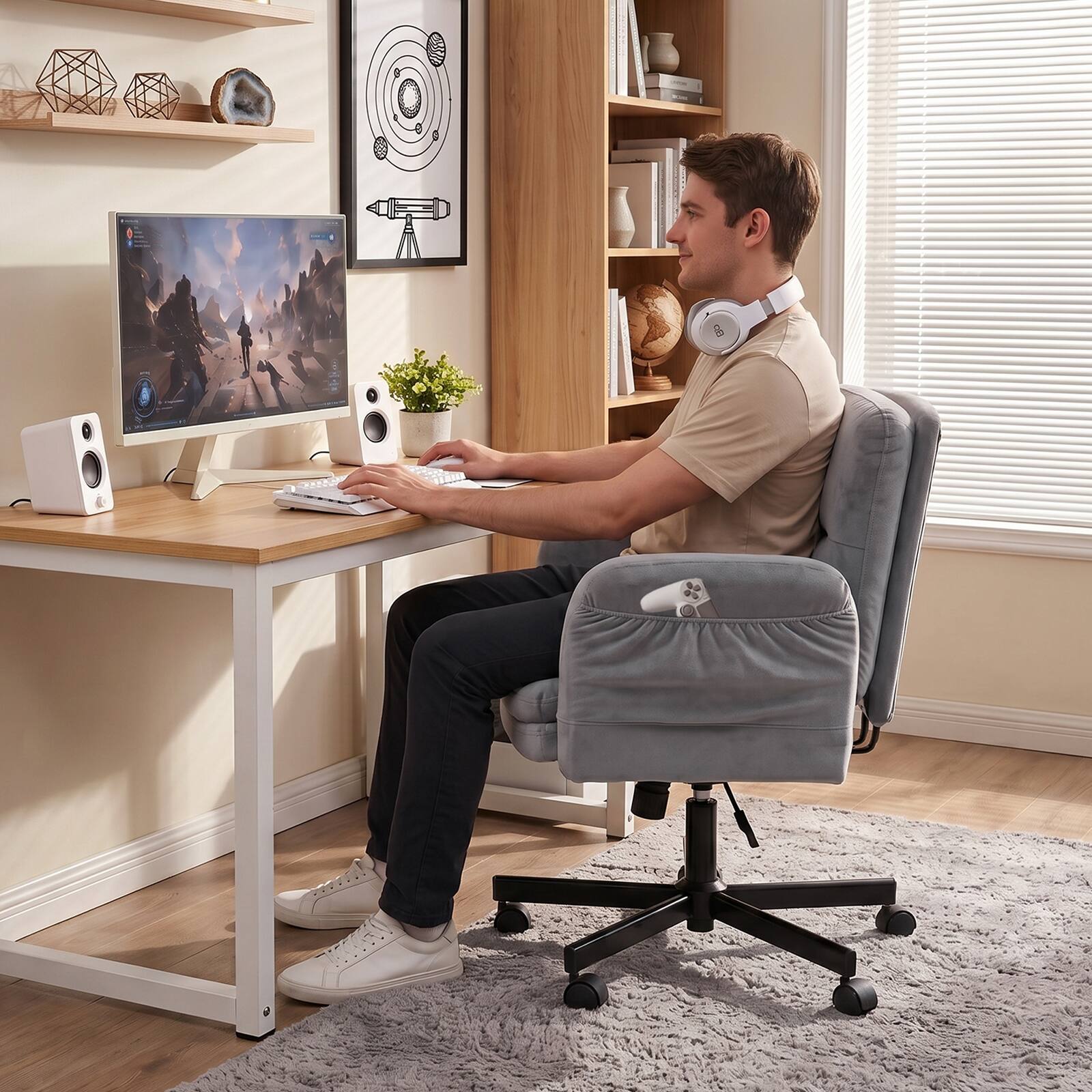 Alt View 4. Bestier - Ergonomic Criss Cross Office Chair, Adjustable Armrest Vanity Chair with Wheels, Ergonomic Chair for Home Office Bedroom - Grey.