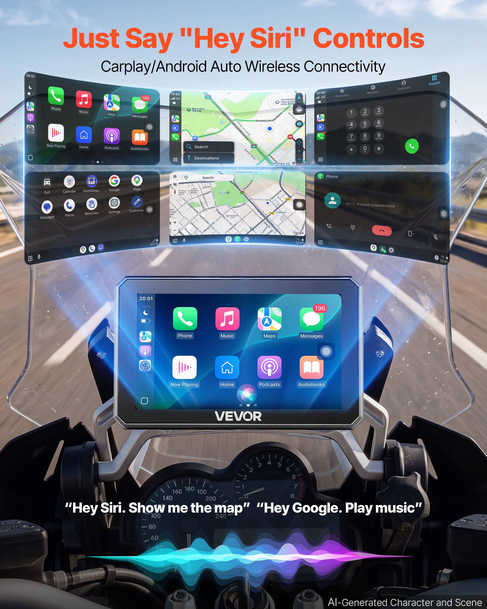 20:01
Just Say "Hey Siri" Controls Carplay/Android Auto Wireless Connectivity

Keypad Contacts
15:44 13-50 Recents to Favorites

Phone
Music
Maps
Messages
COMIC - MAX TECO
1 4
2 5
3 6
7
8
9

Now Playing
Home
Podcasts
Audiobooks
Search
D
#
Destinations

26
Search
Phone
Fait
Calender ComeSnec Google

Messages
Phone
Raminder
Settings
Customia
Bluetsch 500 connected
2013

"Hey Siri. Show me the map" "Hey Google. Play music"

AI-Generated Character and Scene