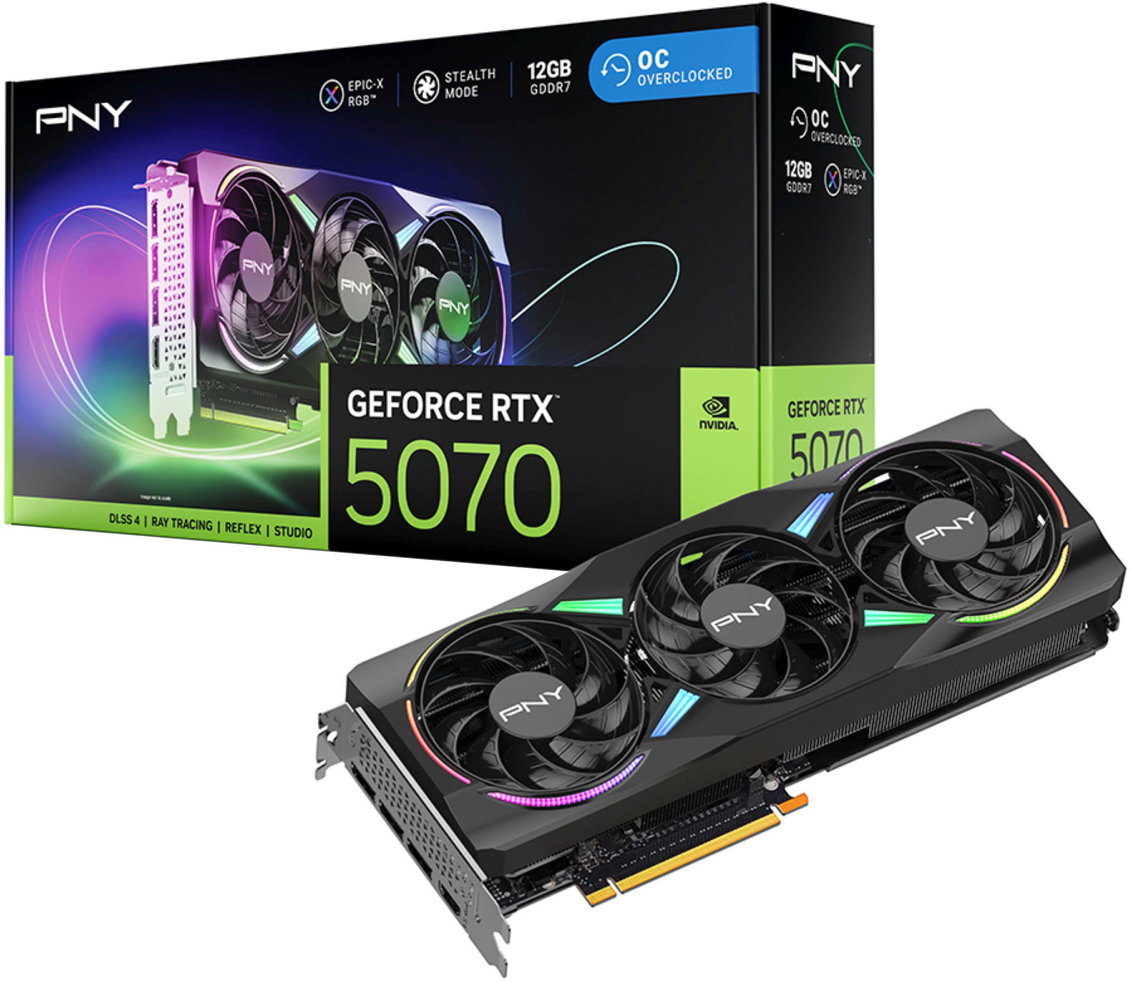 PNY EPIC-X X RGB STEALTH 12GB MODE GDDR7 OC PNY OVERCLOCKED OC OVERCLOCKED 12GB EPIC-X GOOR7 X RG8" FNY PNY PNY DLSS 4 GEFORCE RTX I RAY TRACING | REFLEX | STUDIO 5070 GEFORCE RTX NVIDIA