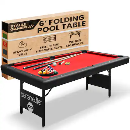 6' FOLDING POOL TABLE
STABLE GAMEPLAY
STEEL FRAME SUPPORTED SLATE
HEAVY DUTY 128LBS
WELDED LEG BRACES
serenelife